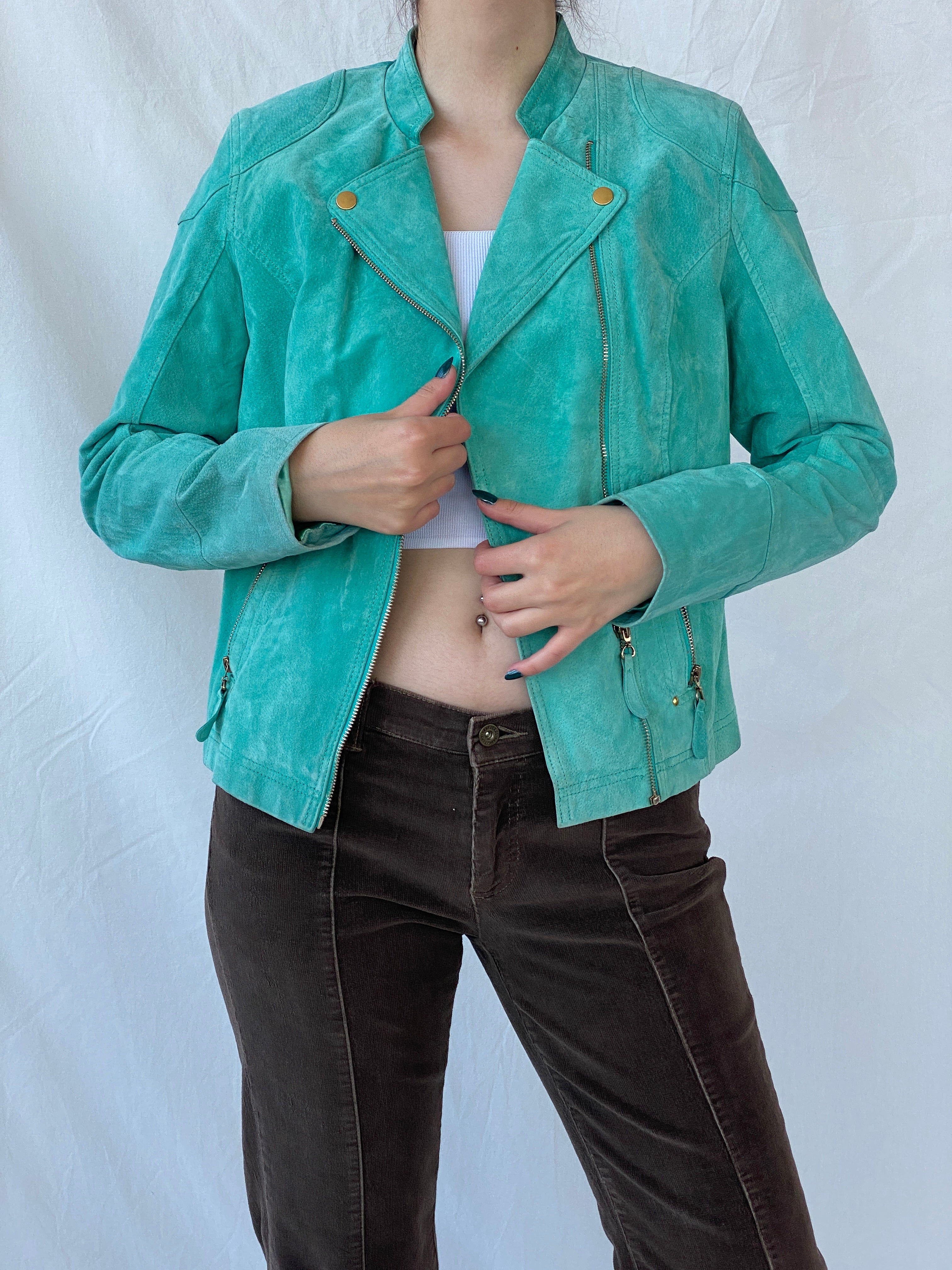 Beautiful RINO & PELLE Biker Style Women’s Blue Genuine Suede Jacket - L - Balagan Vintage Leather Jacket Ayah, genuine leather, genuine leather jacket, leather jacket, NEW IN