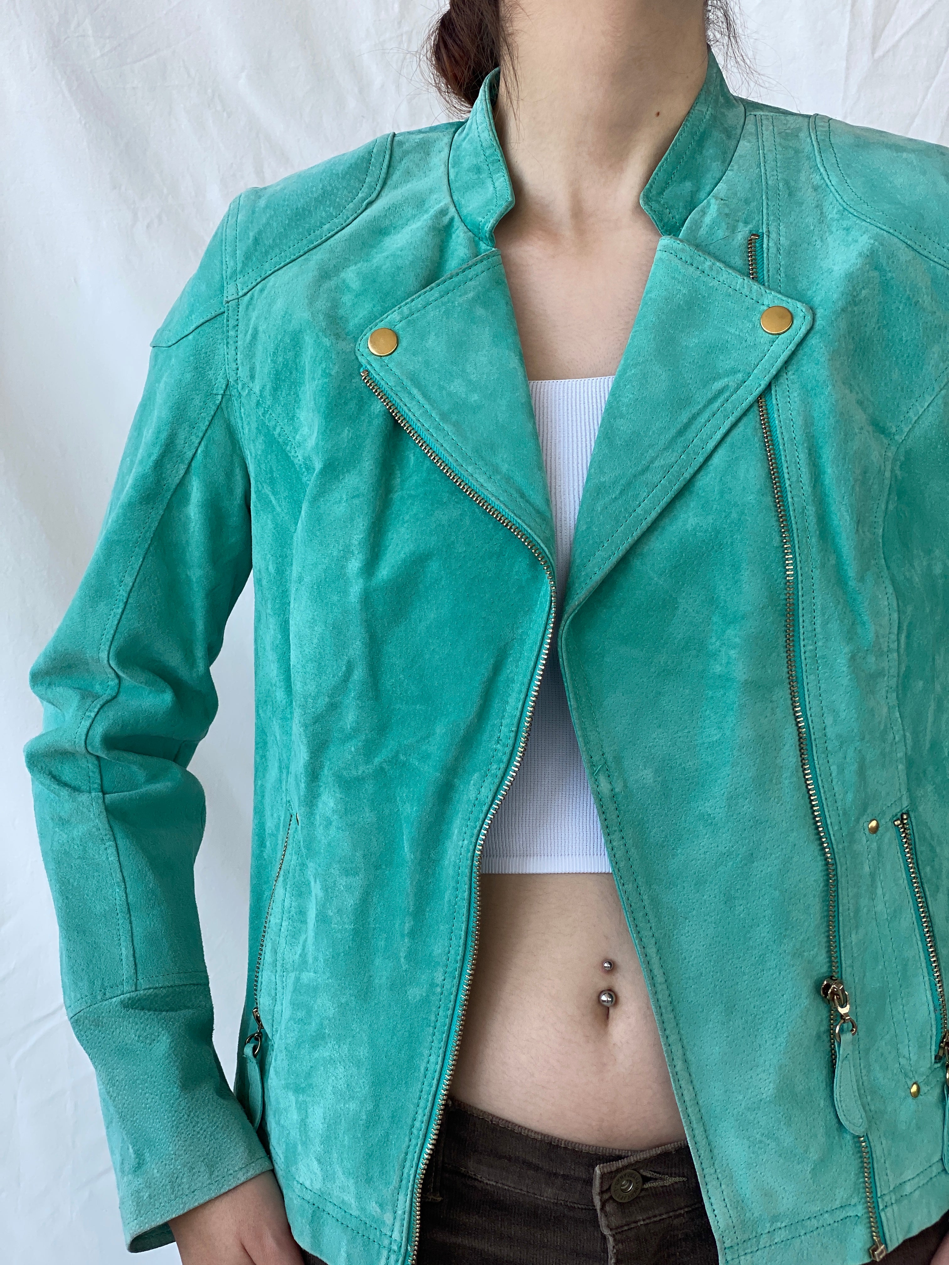 Beautiful RINO & PELLE Biker Style Women’s Blue Genuine Suede Jacket - L - Balagan Vintage Leather Jacket Ayah, genuine leather, genuine leather jacket, leather jacket, NEW IN