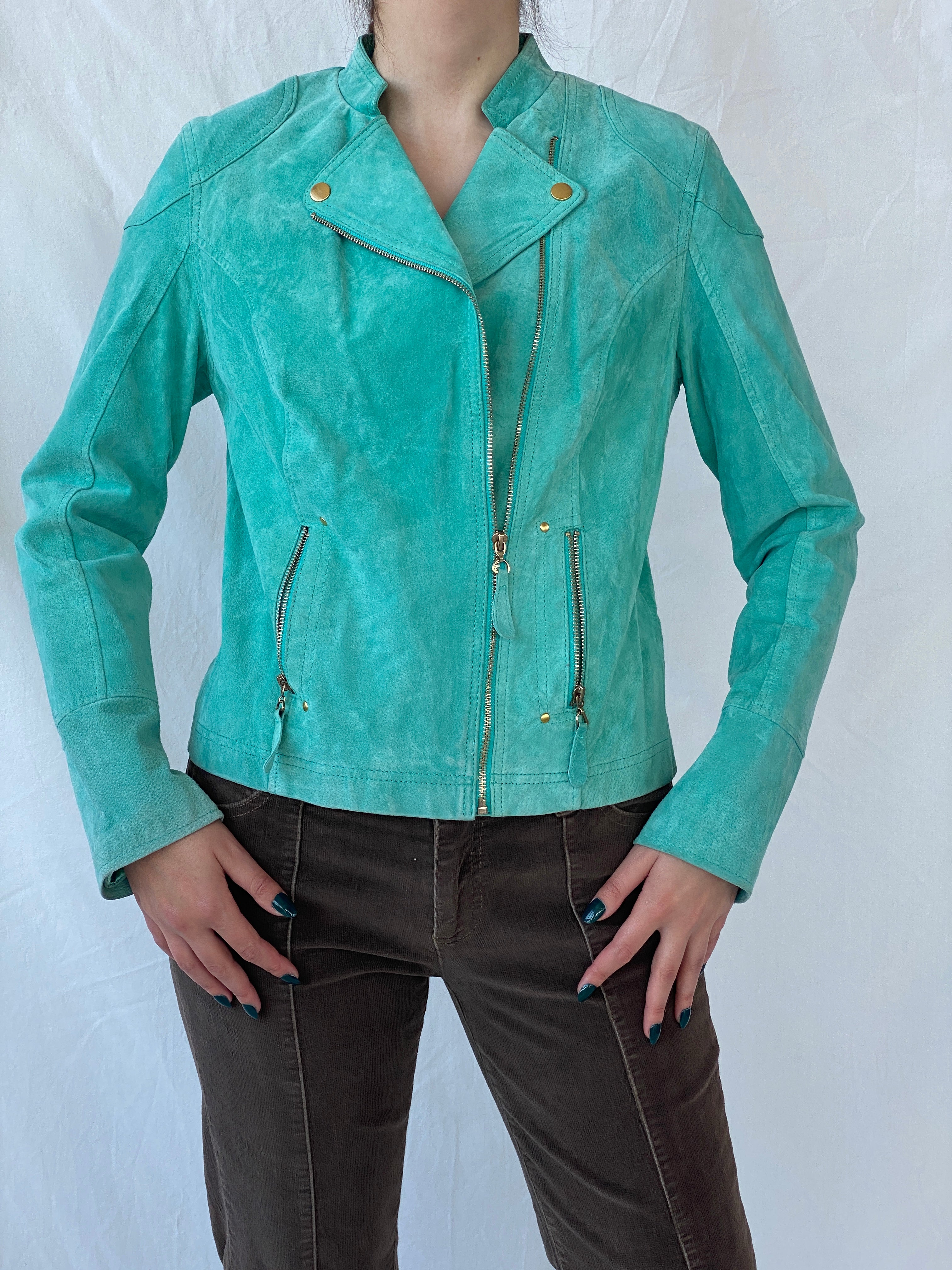 Beautiful RINO & PELLE Biker Style Women’s Blue Genuine Suede Jacket - L - Balagan Vintage Leather Jacket Ayah, genuine leather, genuine leather jacket, leather jacket, NEW IN