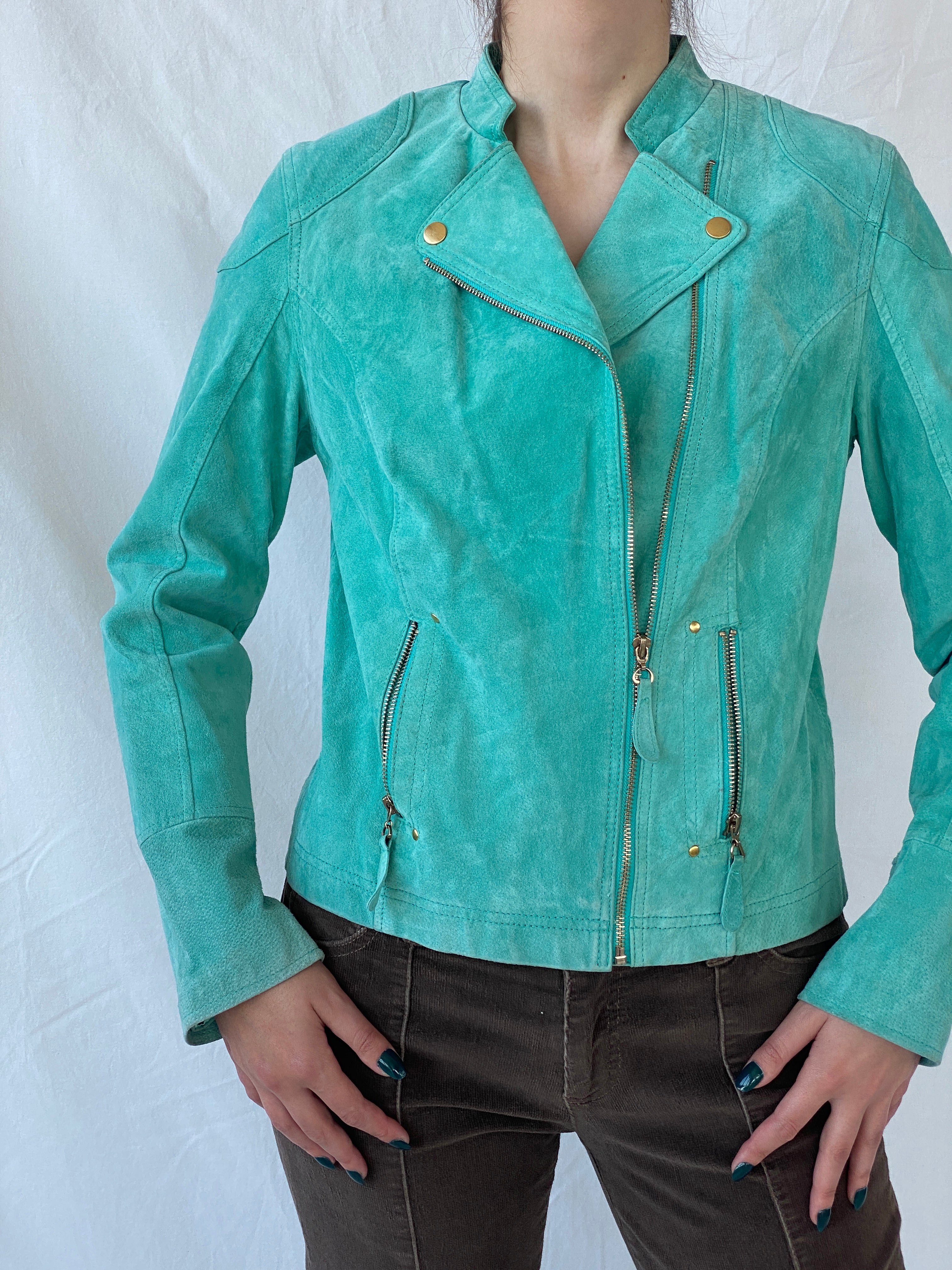 Beautiful RINO & PELLE Biker Style Women’s Blue Genuine Suede Jacket - L - Balagan Vintage Leather Jacket Ayah, genuine leather, genuine leather jacket, leather jacket, NEW IN