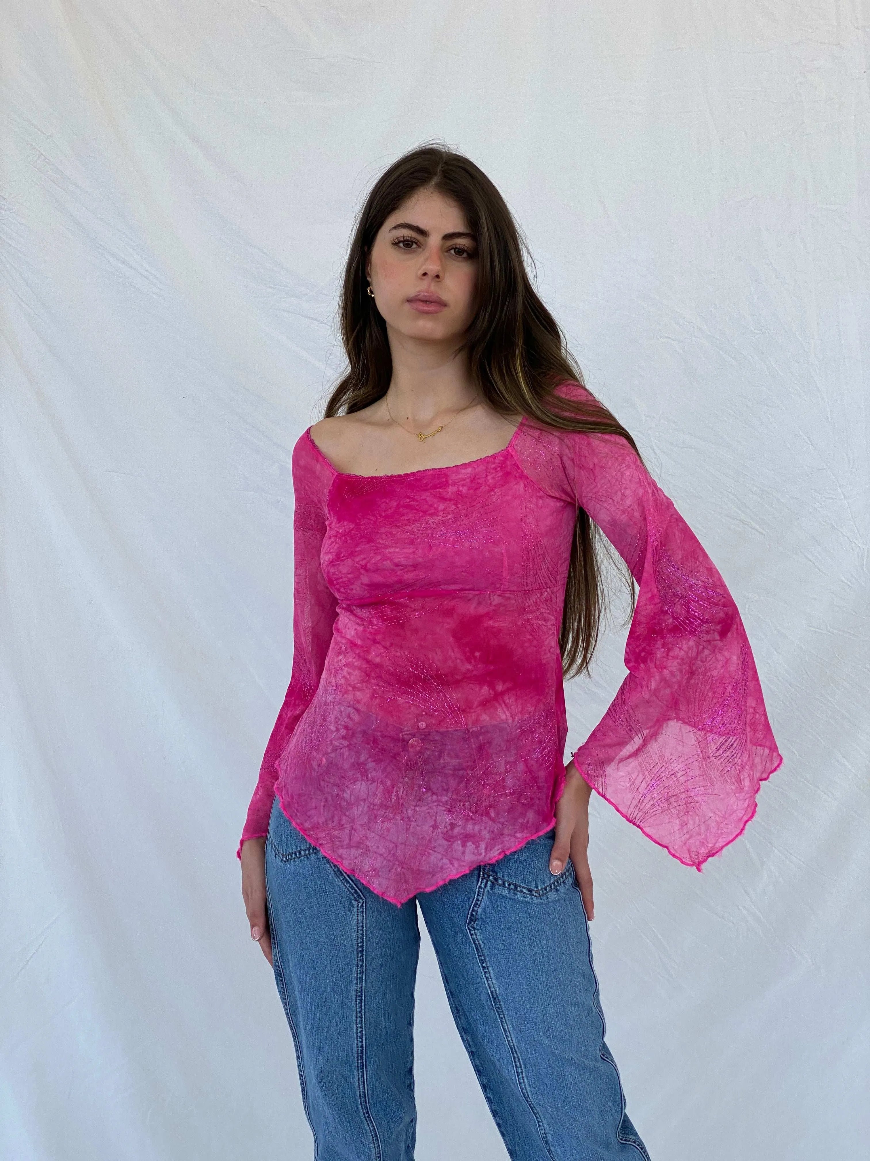 Beautiful Vintage 90s Orsay Bell Sleeve Fairy Glittery Pink Top - S - Balagan Vintage Full Sleeve Top 90s, full sleeve top, Mira