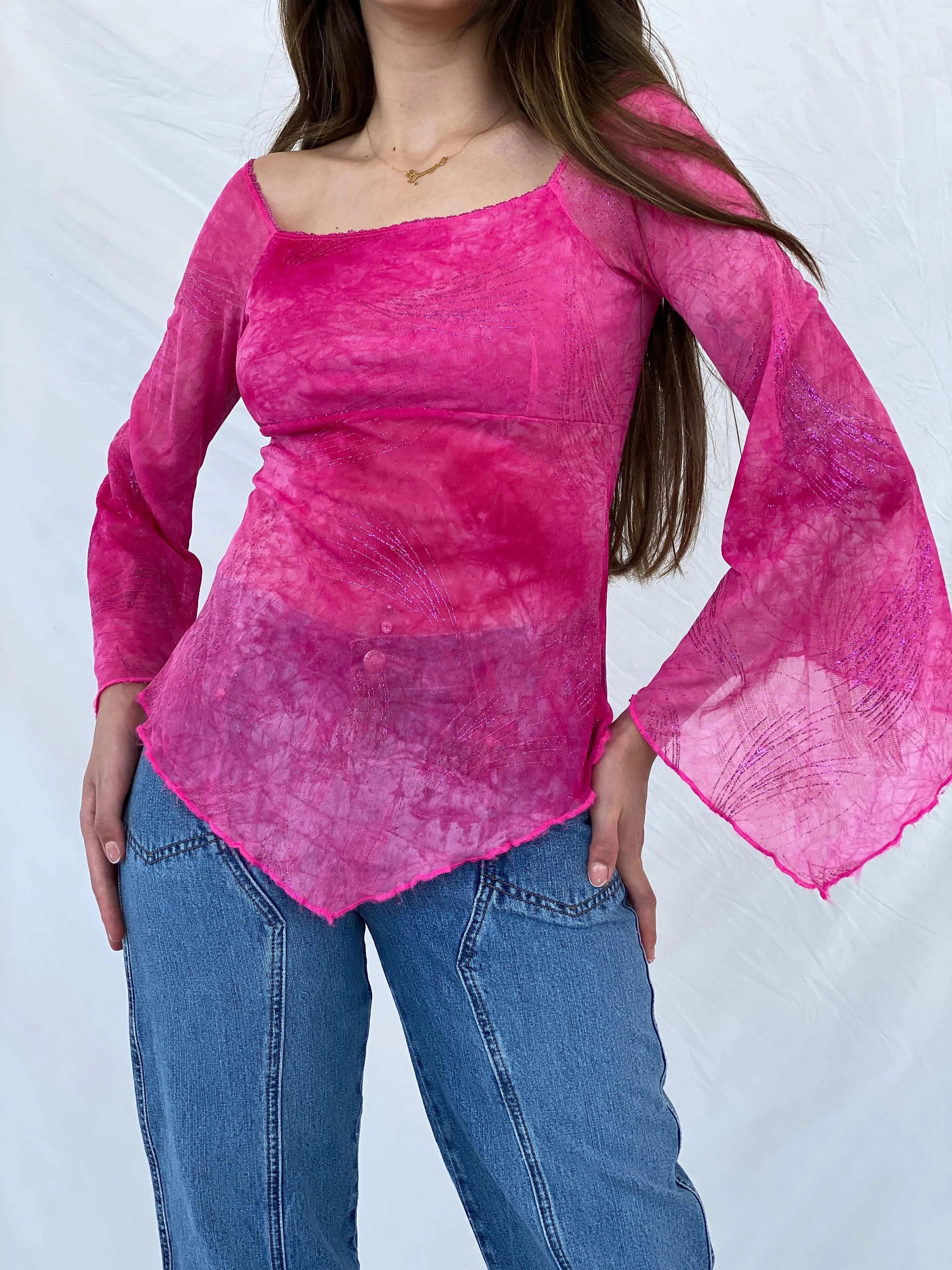 Beautiful Vintage 90s Orsay Bell Sleeve Fairy Glittery Pink Top - S - Balagan Vintage Full Sleeve Top 90s, full sleeve top, Mira