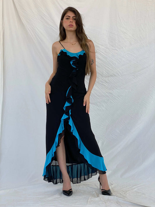 Beautiful Vintage Cicci USA Silk Ruffle Bottom Maxi Dress - S/M - Balagan Vintage Maxi Dress 00s, 90s, Deals, formal gown, gown, maxi dress, Mira, Wedding Guest