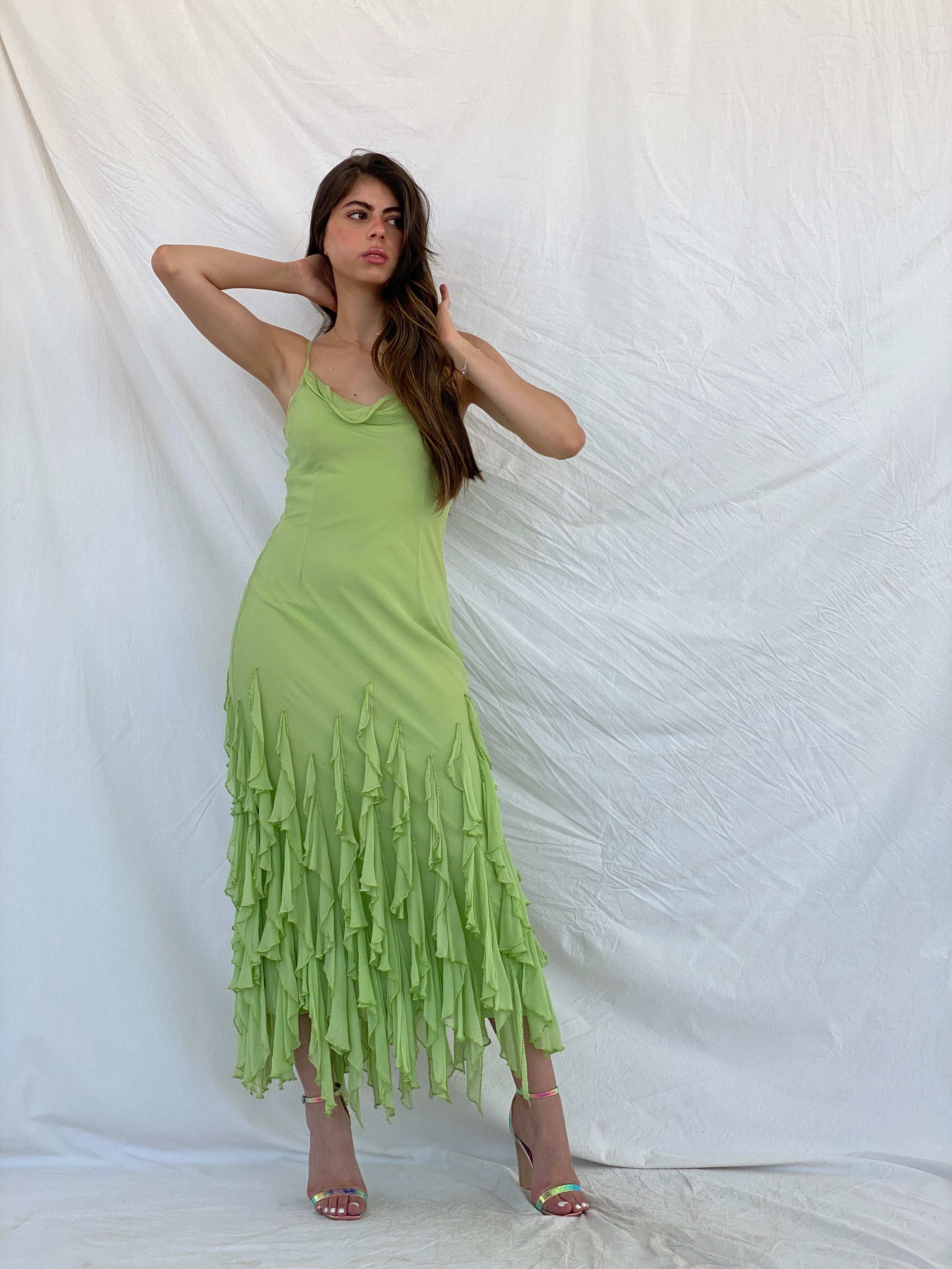 Beautiful Vintage Cici B Silk Lime Beaded Ruffle Bottom Lime Maxi Dress - M - Balagan Vintage Maxi Dress 00s, 90s, formal gown, gown, maxi dress, Mira, Wedding Guest