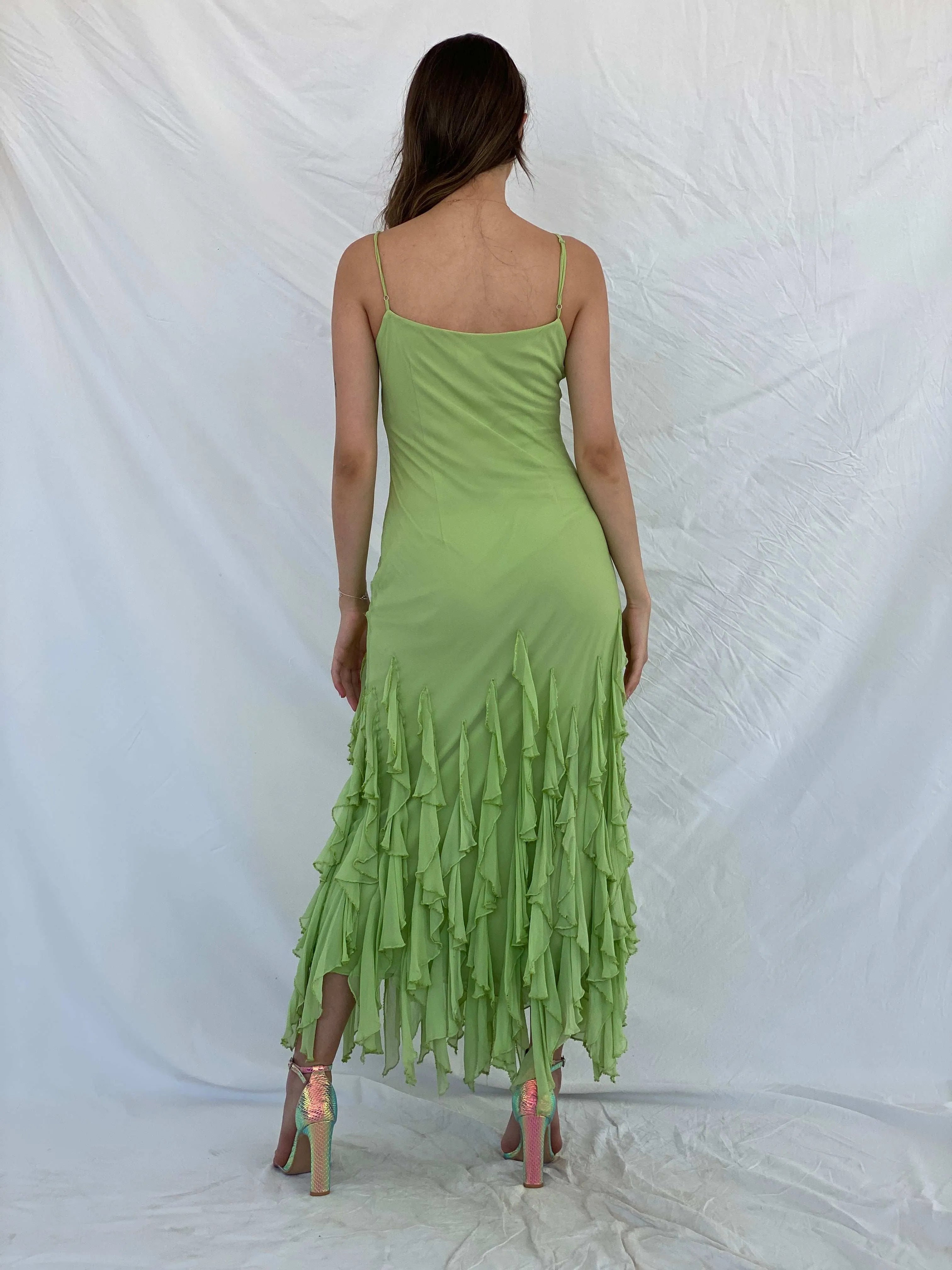 Beautiful Vintage Cici B Silk Lime Beaded Ruffle Bottom Lime Maxi Dress - M - Balagan Vintage Maxi Dress 00s, 90s, formal gown, gown, maxi dress, Mira, Wedding Guest