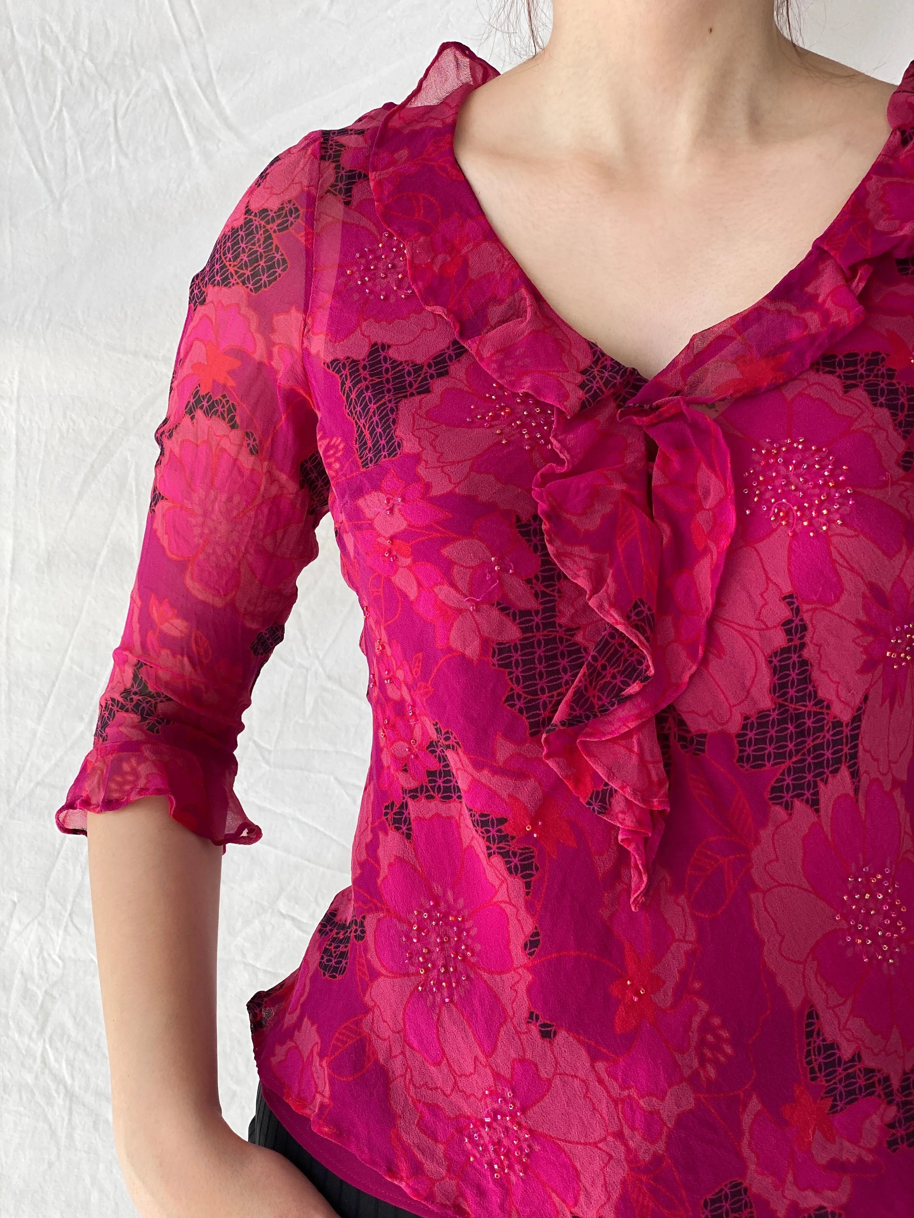 Beautiful Vintage E C I New York Floral Pink Beaded Silk Ruffle See Through Blouse - M - Balagan Vintage Full Sleeve Top 00s, Ayah, floral, floral top, silk, silk shirt, Top, women top