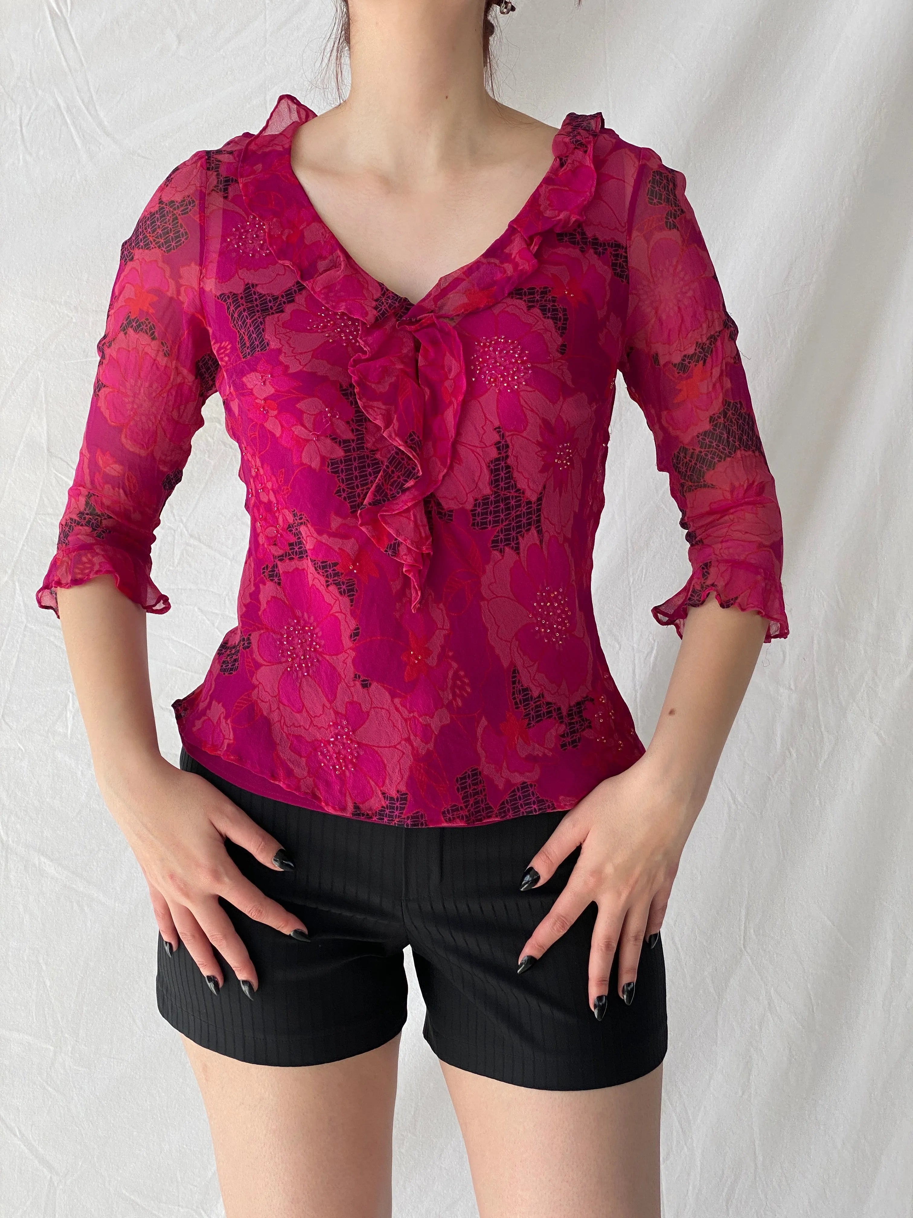 Beautiful Vintage E C I New York Floral Pink Beaded Silk Ruffle See Through Blouse - M - Balagan Vintage Full Sleeve Top 00s, Ayah, floral, floral top, silk, silk shirt, Top, women top