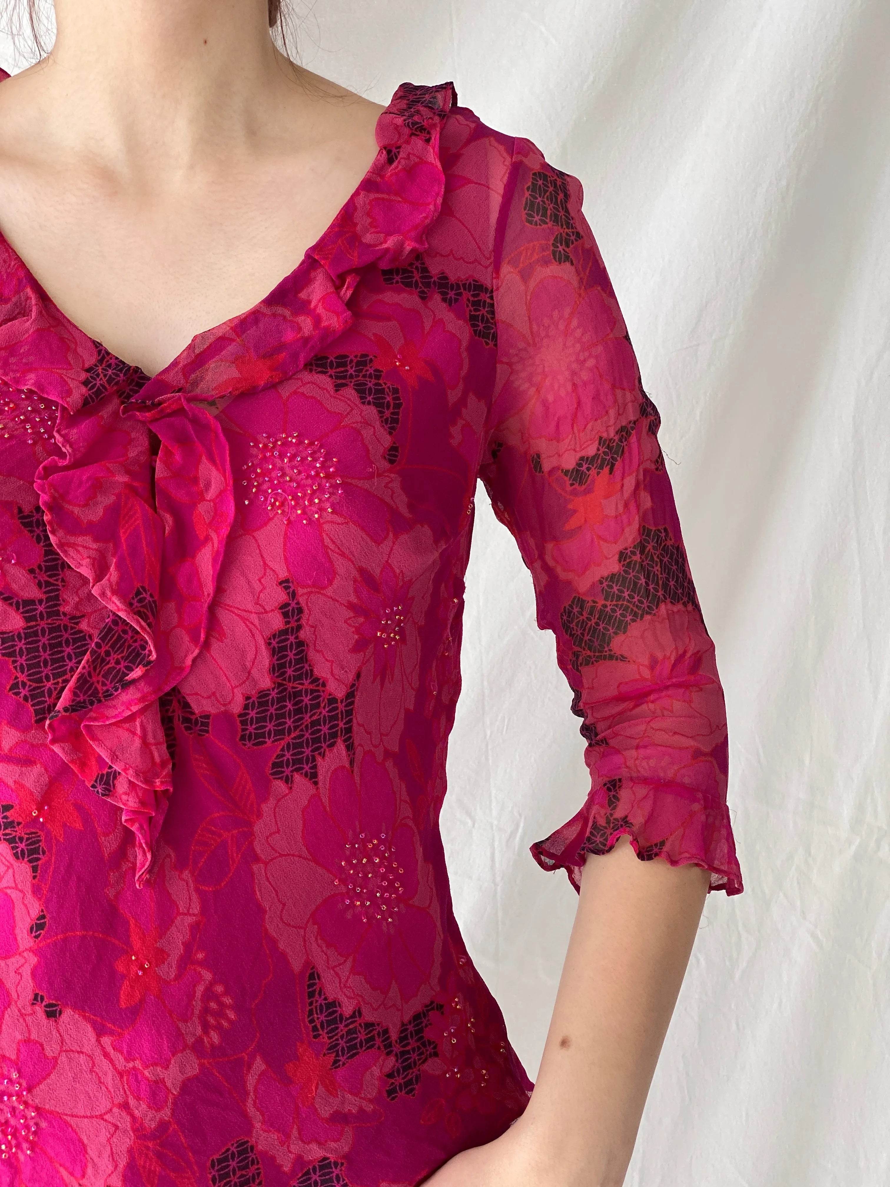Beautiful Vintage E C I New York Floral Pink Beaded Silk Ruffle See Through Blouse - M - Balagan Vintage Full Sleeve Top 00s, Ayah, floral, floral top, silk, silk shirt, Top, women top