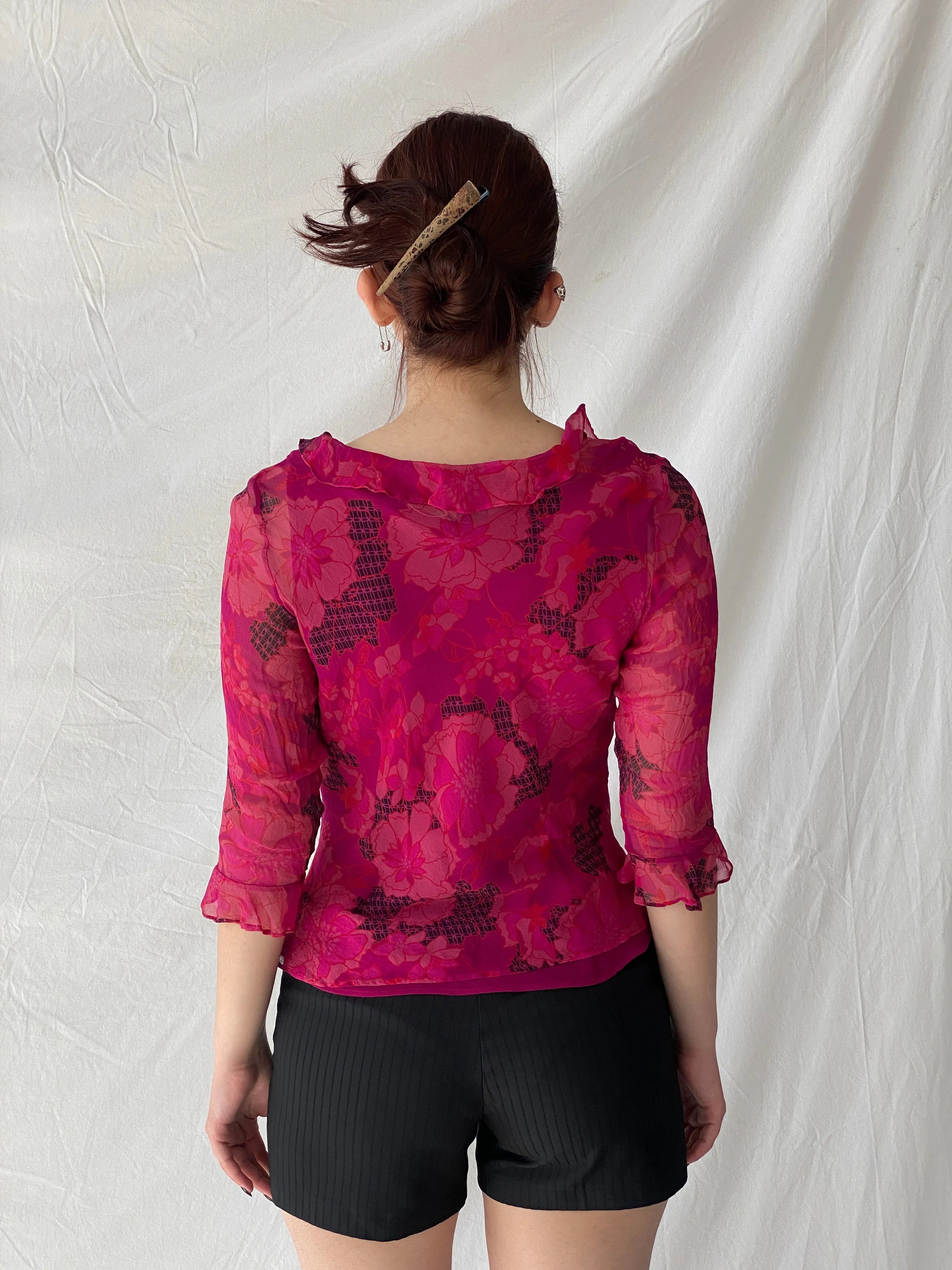 Beautiful Vintage E C I New York Floral Pink Beaded Silk Ruffle See Through Blouse - M - Balagan Vintage Full Sleeve Top 00s, Ayah, floral, floral top, silk, silk shirt, Top, women top