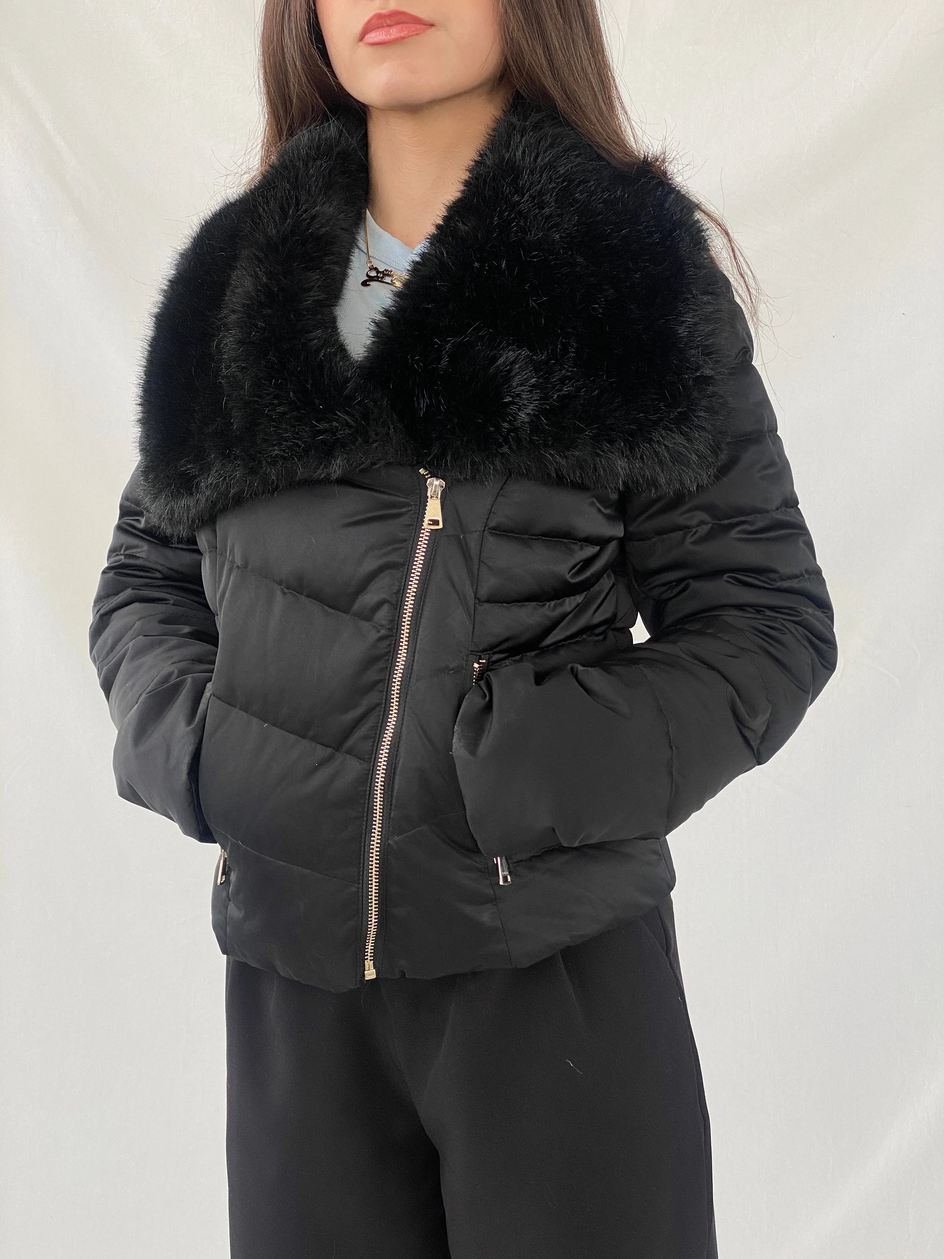 Bebe Black Exaggerated Faux Fur Collar Fitted Puffer Jacket - M - Balagan Vintage Puffer Jacket 90s, Christine, Coats&Jackets, consignment, faux fur, Janan, puffer jacket, winter, Women's Windbreaker Jackets