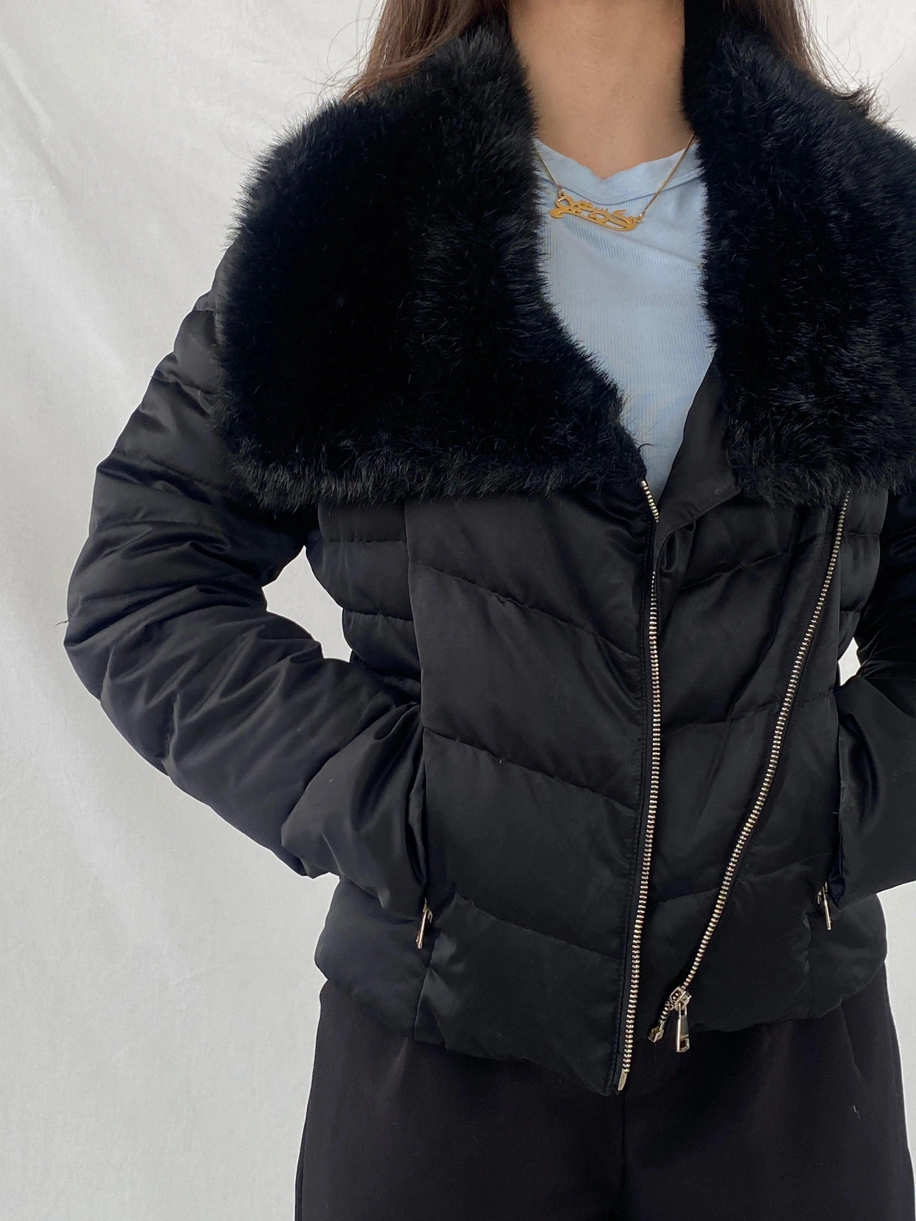 Bebe Black Exaggerated Faux Fur Collar Fitted Puffer Jacket - M - Balagan Vintage Puffer Jacket 90s, Christine, Coats&Jackets, consignment, faux fur, Janan, puffer jacket, winter, Women's Windbreaker Jackets