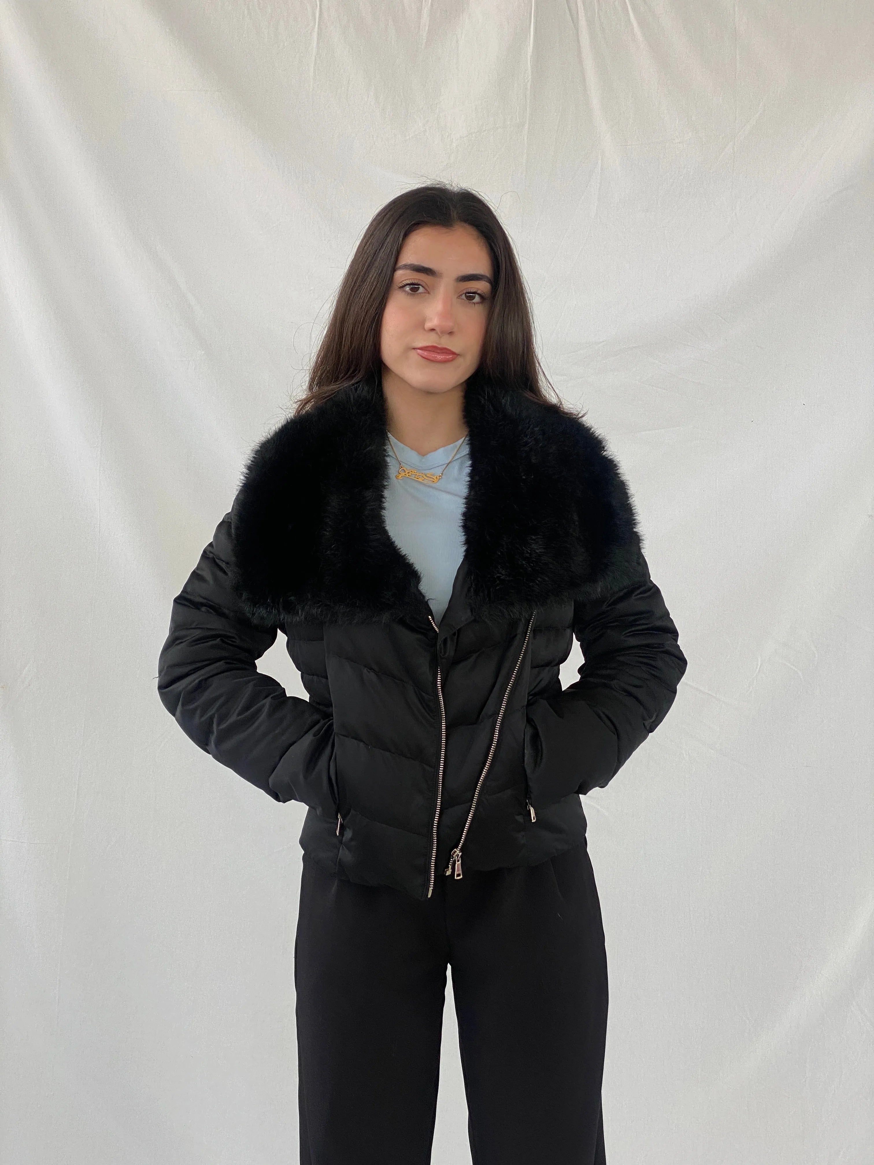Bebe Black Exaggerated Faux Fur Collar Fitted Puffer Jacket - M - Balagan Vintage Puffer Jacket 90s, Christine, Coats&Jackets, consignment, faux fur, Janan, puffer jacket, winter, Women's Windbreaker Jackets