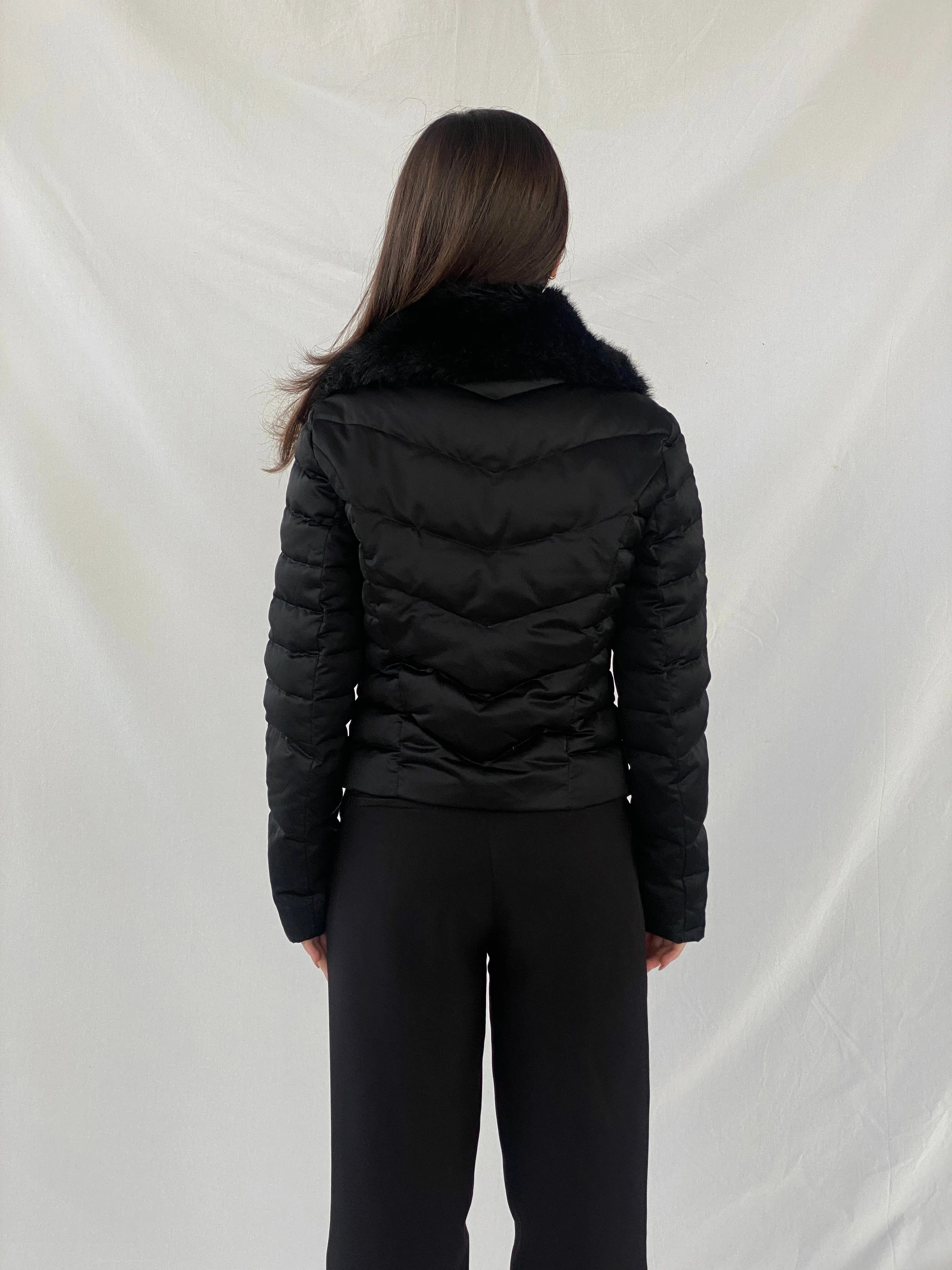 Bebe Black Exaggerated Faux Fur Collar Fitted Puffer Jacket - M - Balagan Vintage Puffer Jacket 90s, Christine, Coats&Jackets, consignment, faux fur, Janan, puffer jacket, winter, Women's Windbreaker Jackets