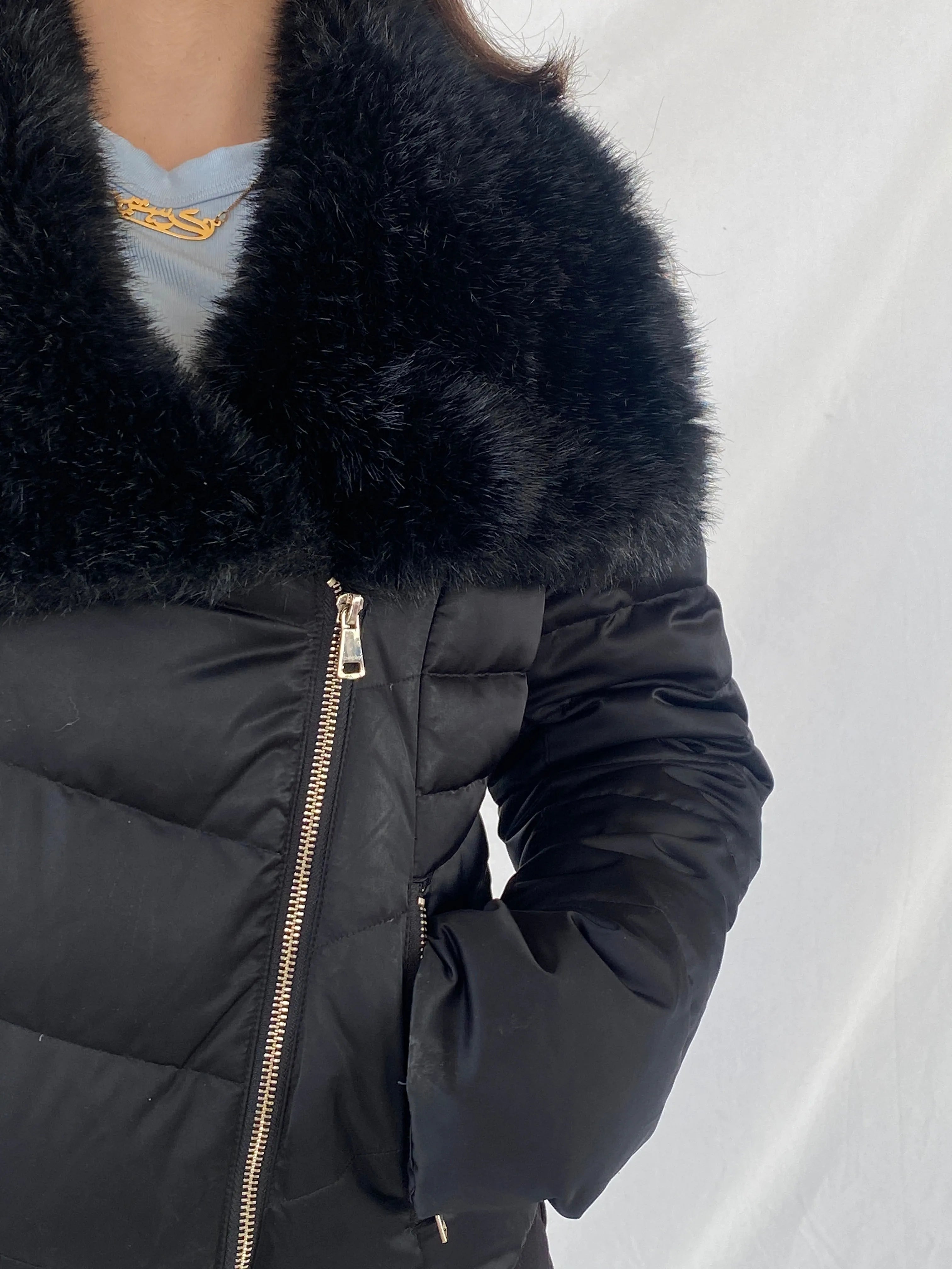 Bebe Black Exaggerated Faux Fur Collar Fitted Puffer Jacket - M - Balagan Vintage Puffer Jacket 90s, Christine, Coats&Jackets, consignment, faux fur, Janan, puffer jacket, winter, Women's Windbreaker Jackets