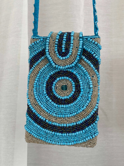 Blue Beaded Crossbody Bag Phone Holder - Balagan Vintage Cross Body Bag 00s, 90s, bag, beach bag, beaded, beaded bag