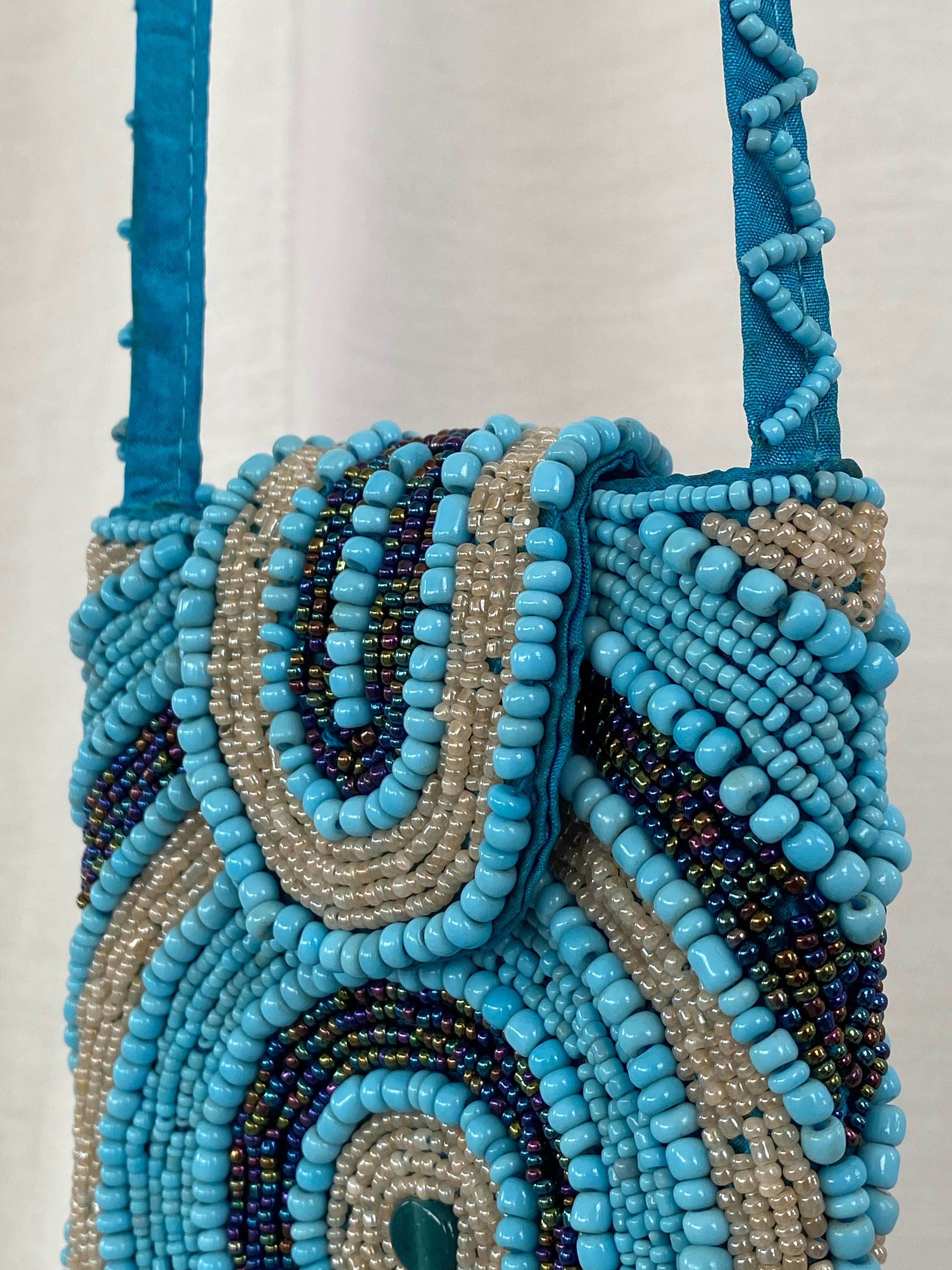 Blue Beaded Crossbody Bag Phone Holder - Balagan Vintage Cross Body Bag 00s, 90s, bag, beach bag, beaded, beaded bag