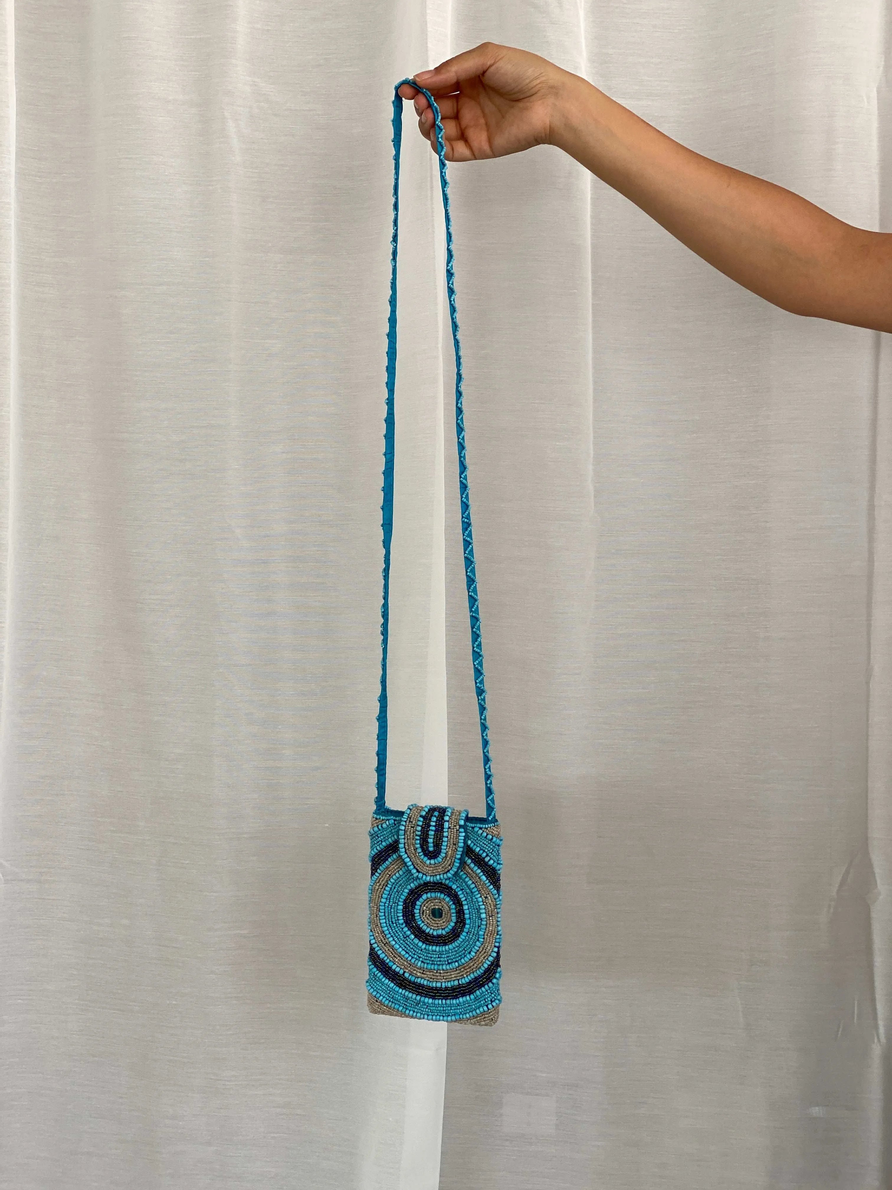 Blue Beaded Crossbody Bag Phone Holder - Balagan Vintage Cross Body Bag 00s, 90s, bag, beach bag, beaded, beaded bag