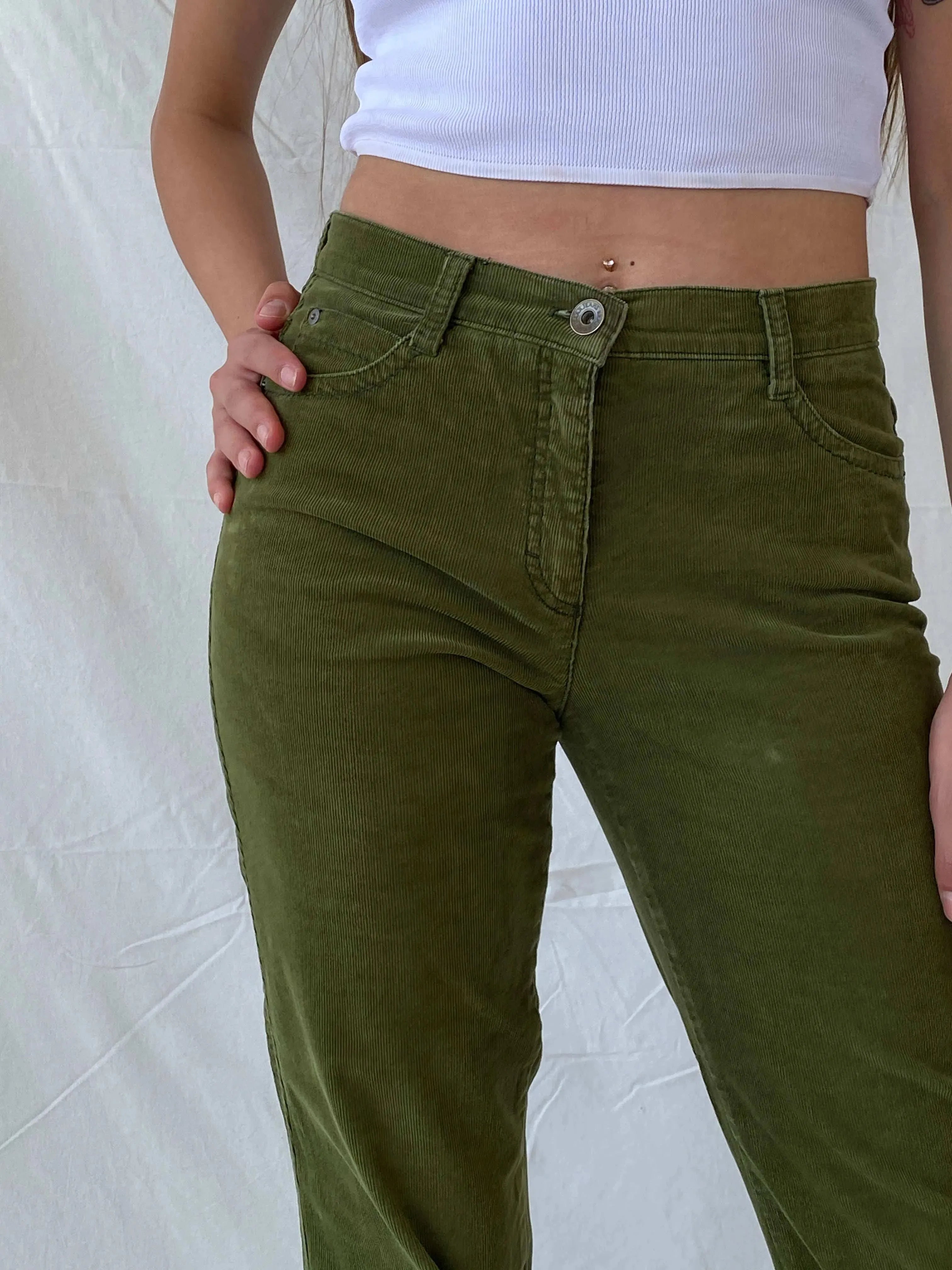 BRAX Carola Green Straight Cut High Rise Corduroy Pants - Balagan Vintage 00s, corduroy pants, Deals, Mira, pants, vintage pants