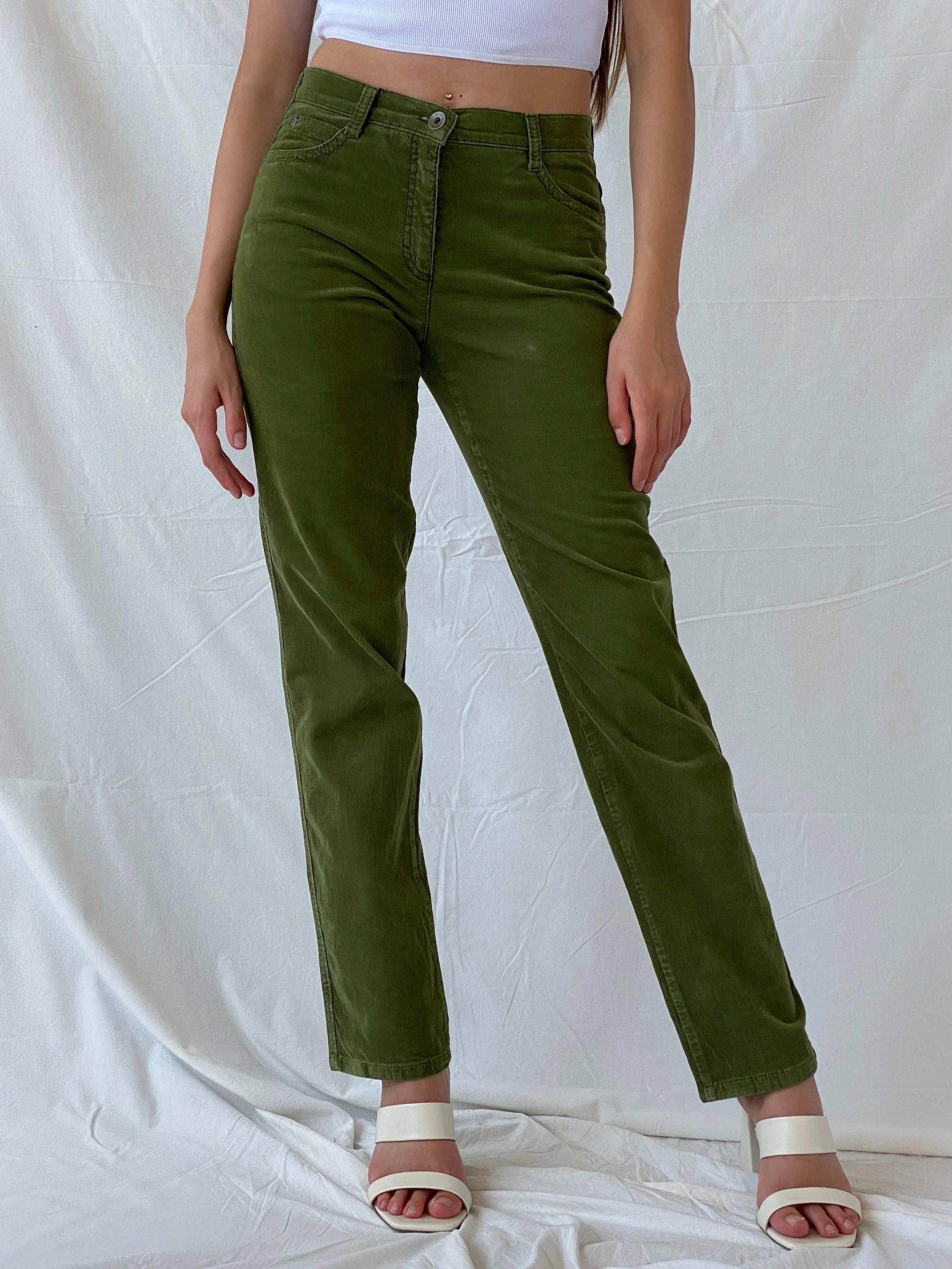BRAX Carola Green Straight Cut High Rise Corduroy Pants - Balagan Vintage 00s, corduroy pants, Mira, pants, vintage pants