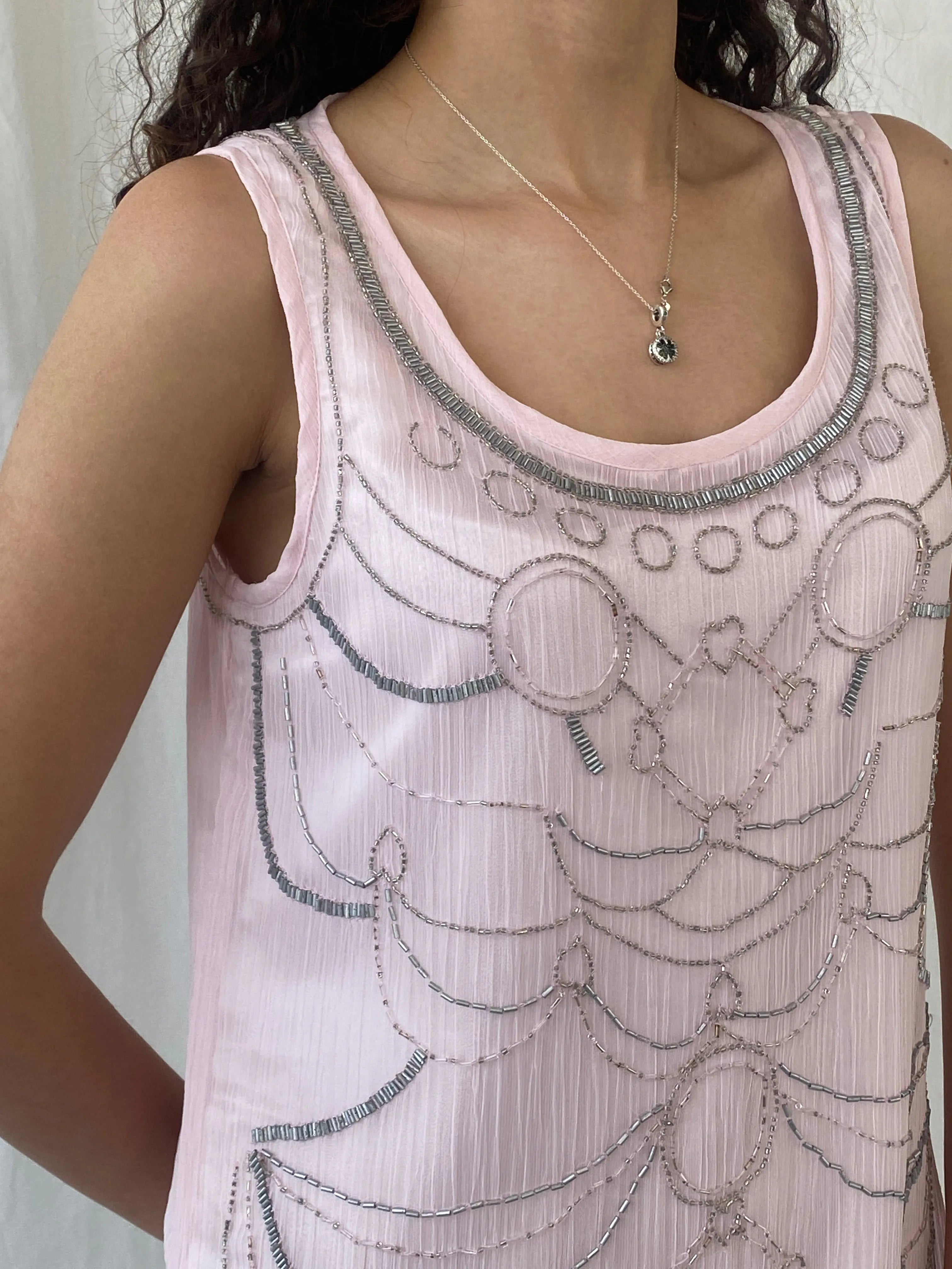 Cache Cache Pink 20s Gatsby Deco Sleeveless Silver Beaded Sheath Midi Dress - M - Balagan Vintage Midi Dress 00s dress, Celine, dress, midi dress, Wedding Guest, Y2K dress