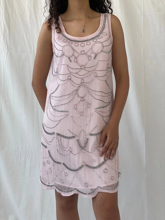 Cache Cache Pink 20s Gatsby Deco Sleeveless Silver Beaded Sheath Midi Dress - M - Balagan Vintage Midi Dress 00s dress, Celine, dress, midi dress, Wedding Guest, Y2K dress
