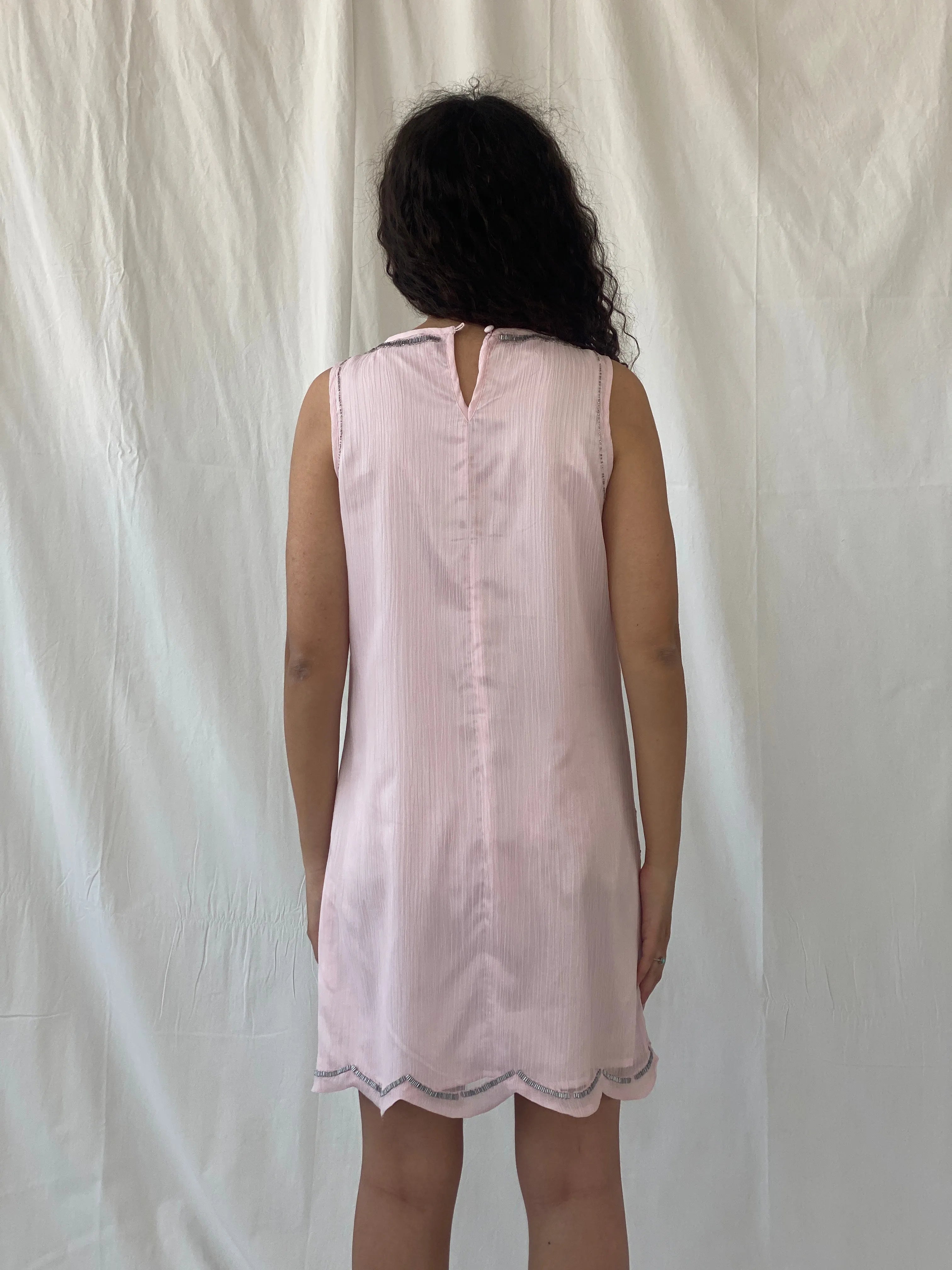 Cache Cache Pink 20s Gatsby Deco Sleeveless Silver Beaded Sheath Midi Dress - M - Balagan Vintage Midi Dress 00s dress, Celine, dress, midi dress, Wedding Guest, Y2K dress