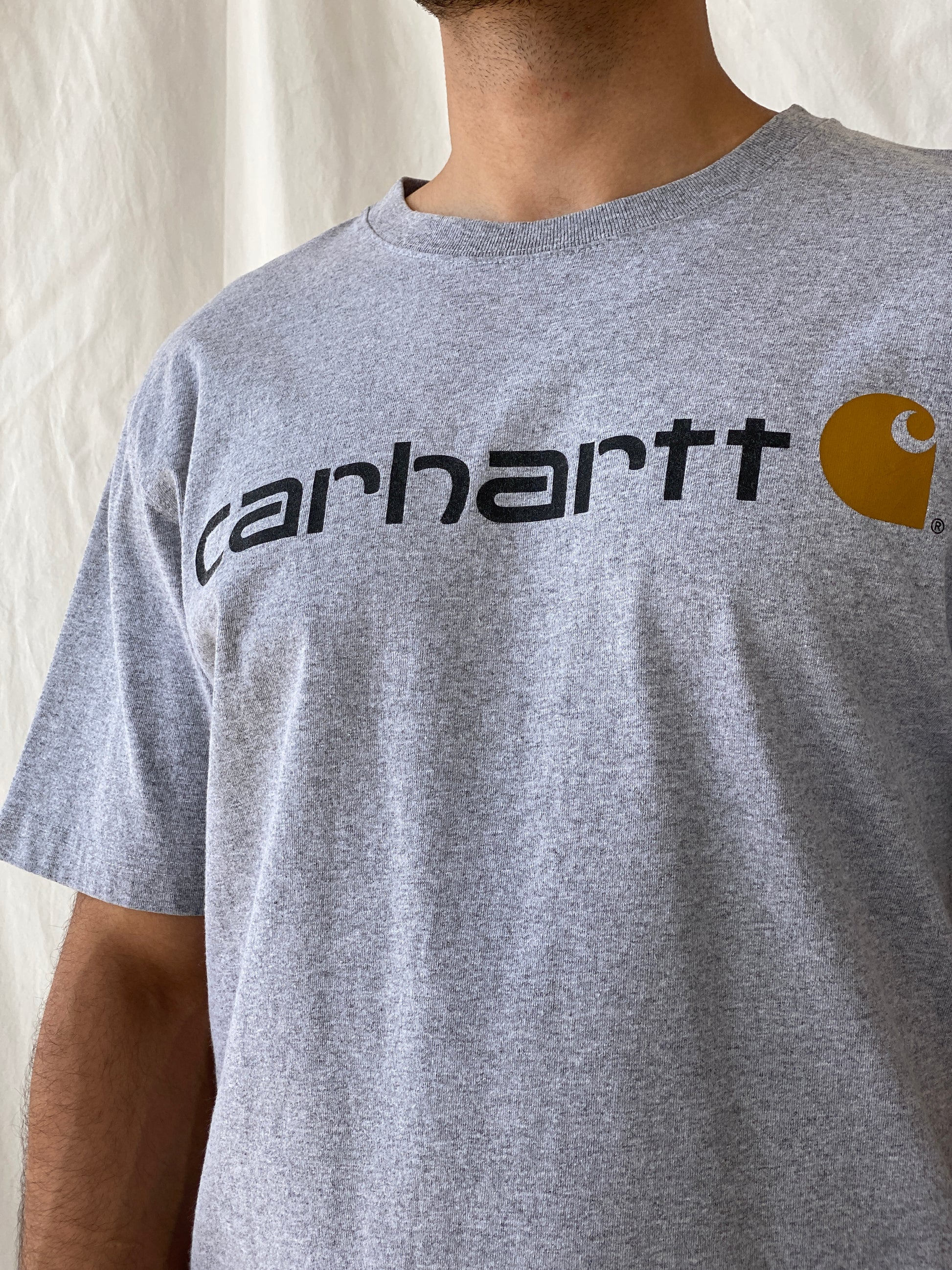 Carhartt Core Logo Men’s Loose Fit Gray Heavyweight Cotton T-shirt - M - Balagan Vintage Half Sleeve Top 90s, cotton, men top, NEW IN, Ramez, summer