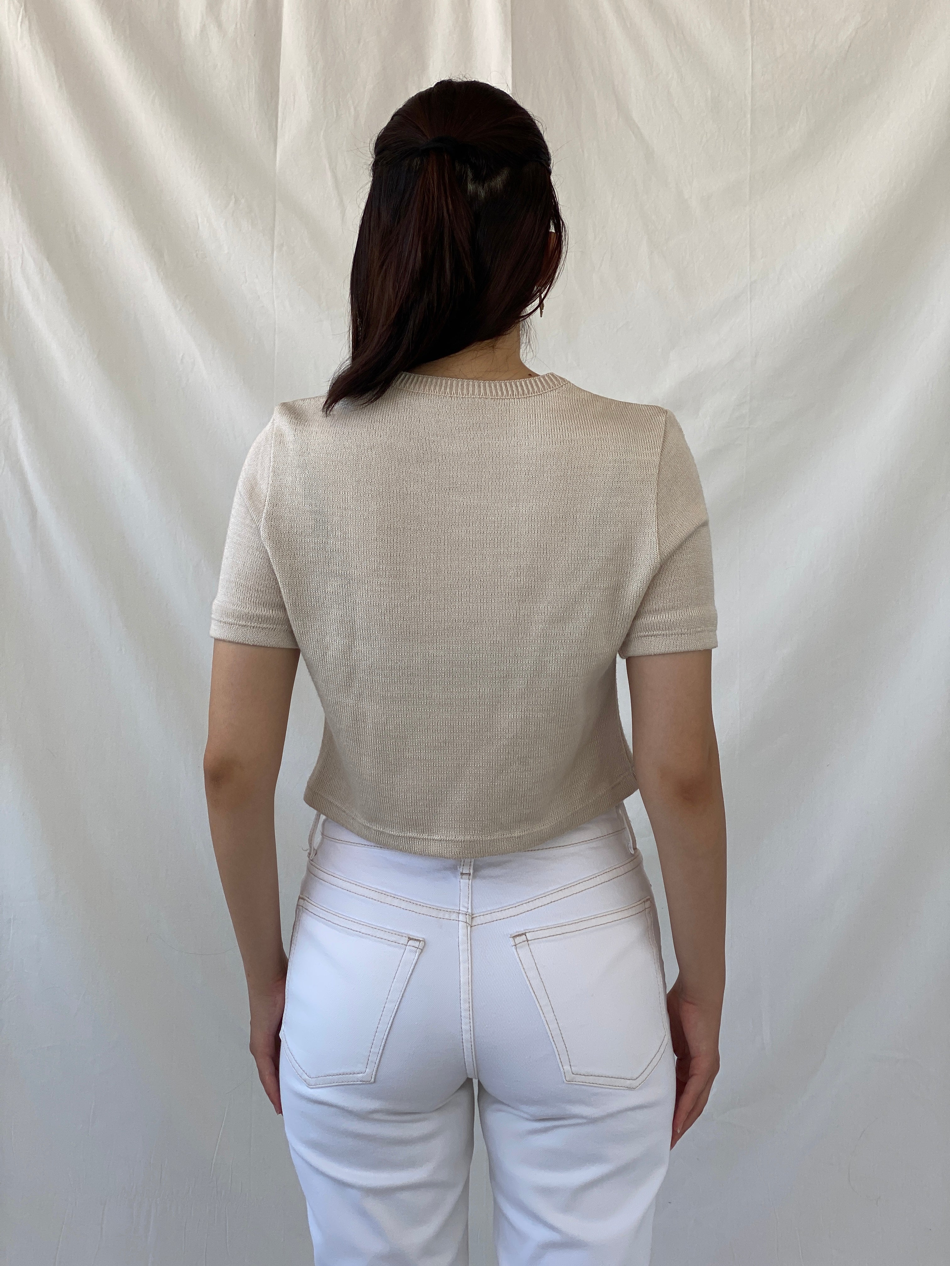 Casual Everyday Beige Knitted Short Sleeve Crop Top - M - Balagan Vintage Half Sleeve Top 00s, Ayah, NEW IN, summer, women top
