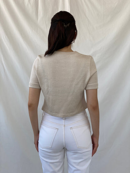 Casual Everyday Beige Knitted Short Sleeve Crop Top - M - Balagan Vintage Half Sleeve Top 00s, Ayah, NEW IN, summer, women top