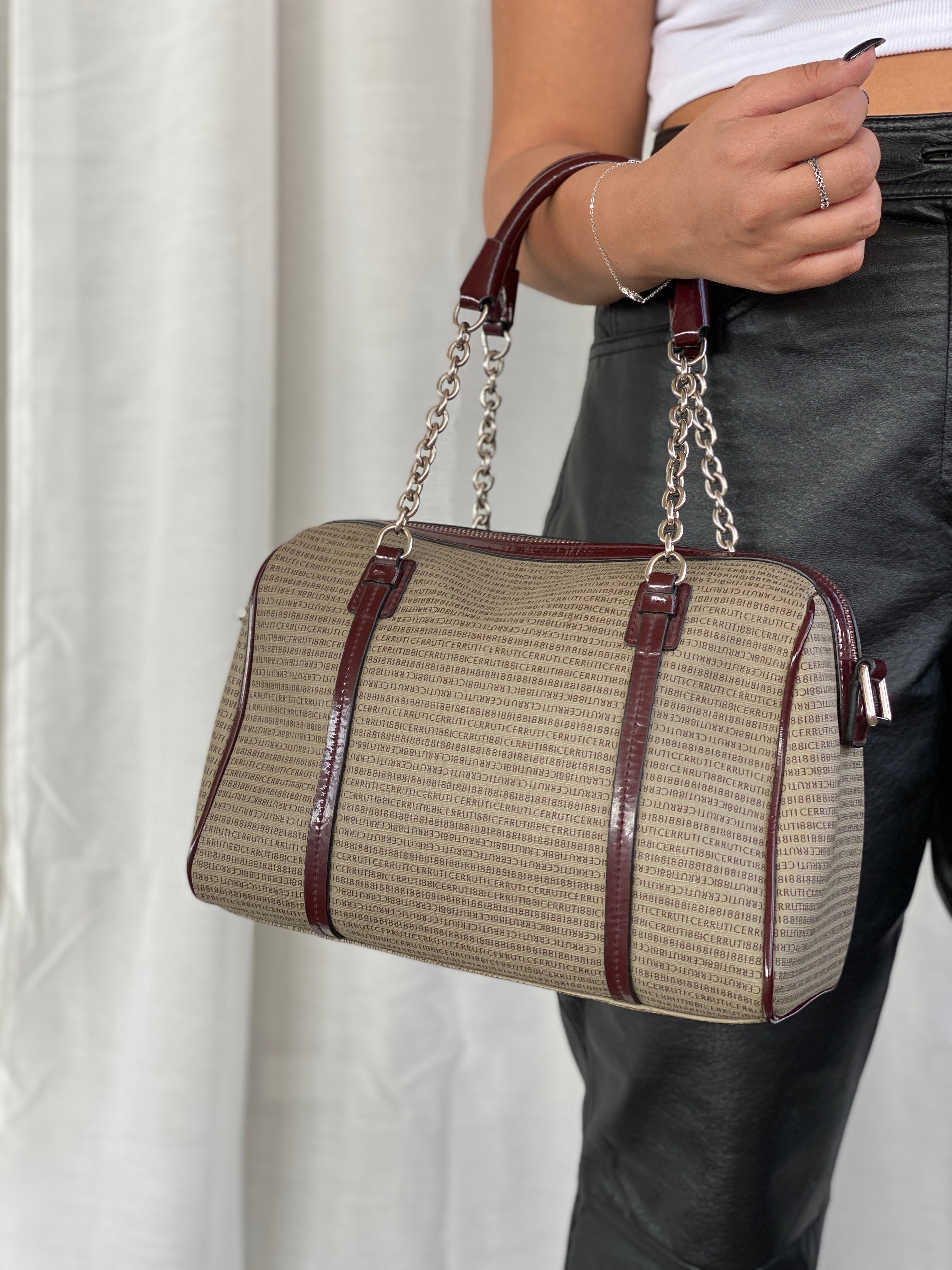 Cerruti 1881 Signature Canvas Coated Canvas and Patent Burgundy Leather Boston Bag - Balagan Vintage Handbags 90s, bag, consignment, handbag, Janan, shoulder bag