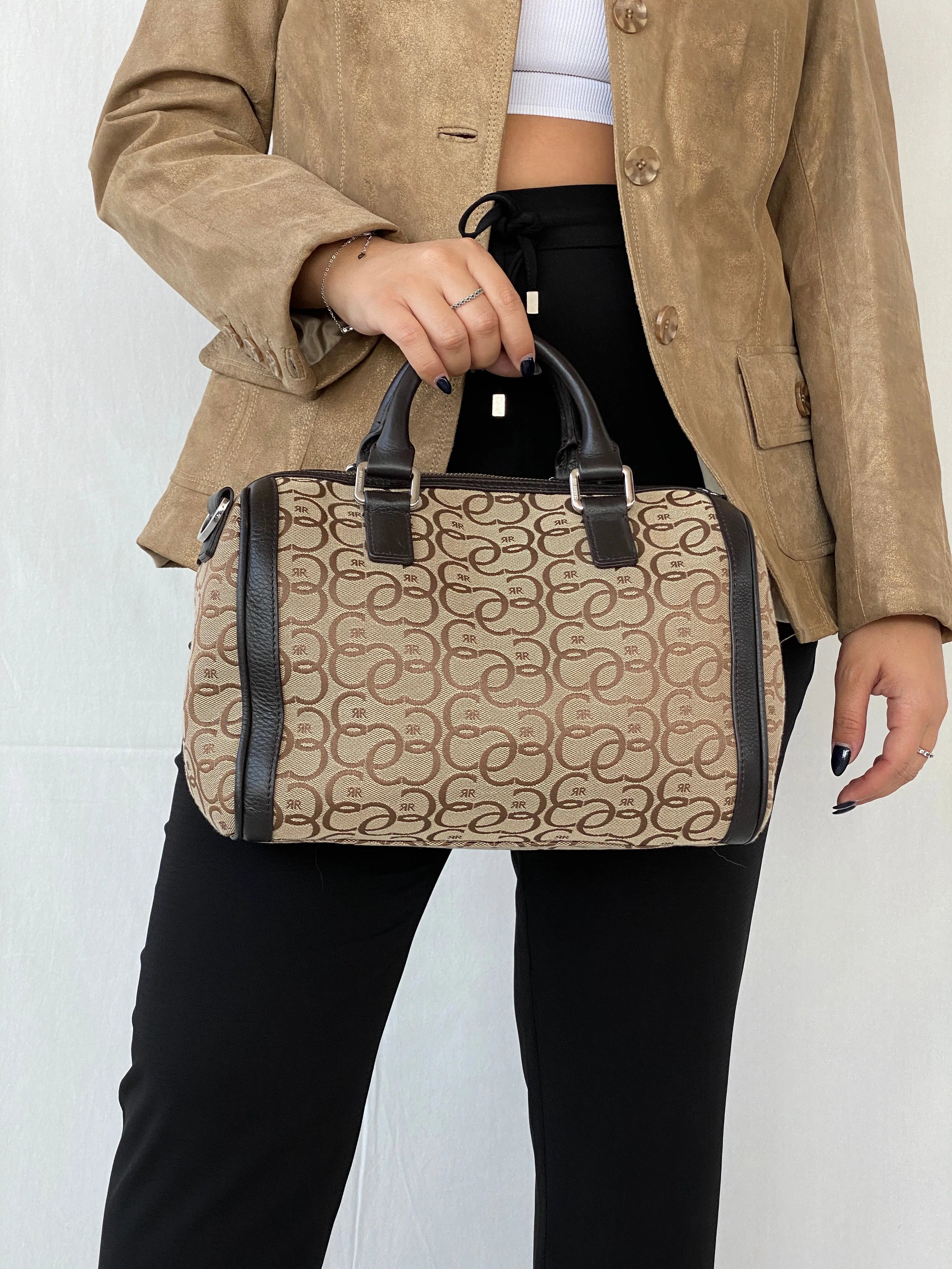Cerruti 1881 Signature Coated Canvas and Patent Leather Boston Bag - Balagan Vintage Handbags 90s, bag, consignment, handbag, Janan, shoulder bag