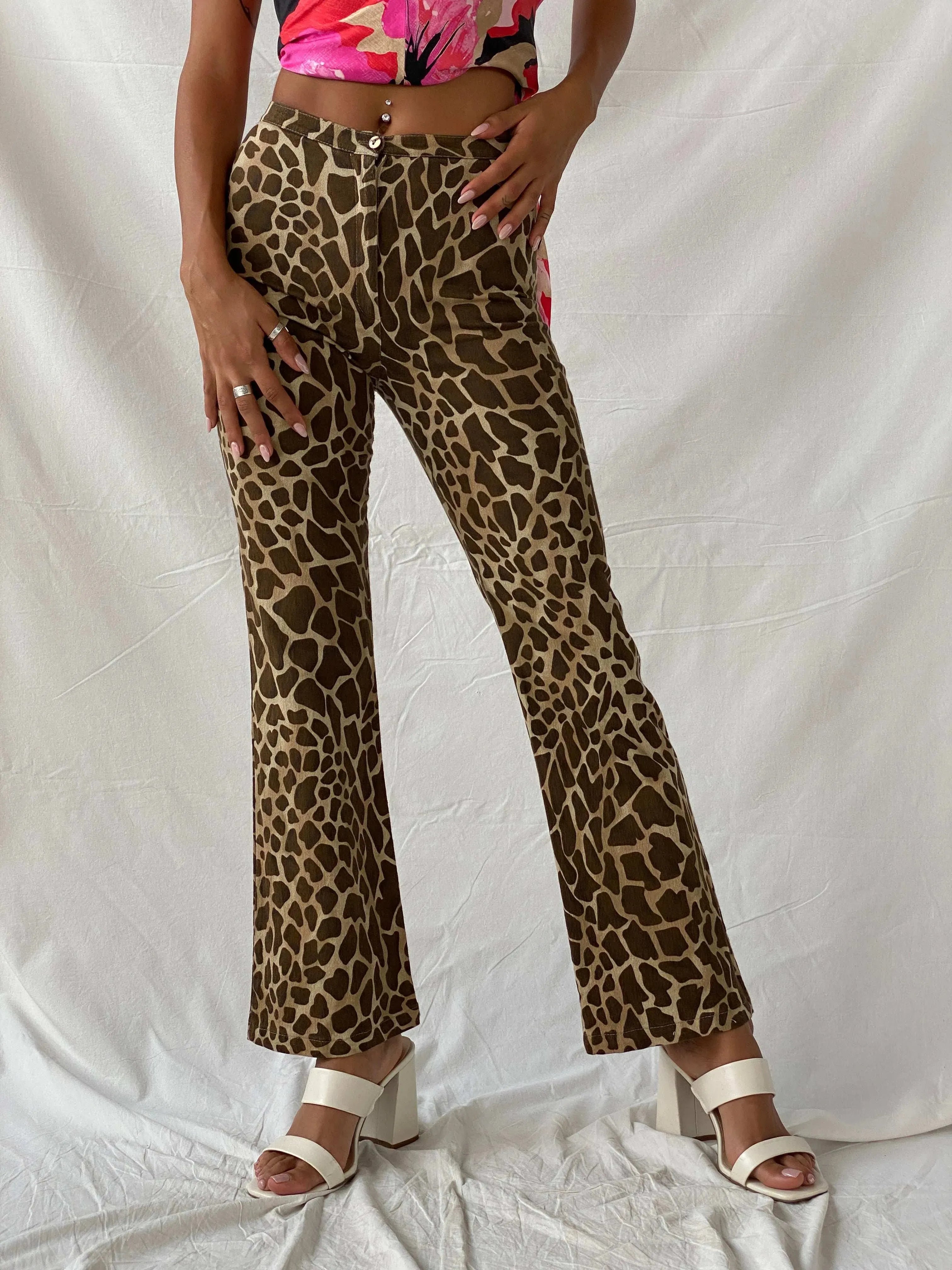 CHERIMAX Leopard Print Brown and Beige Flare Pants - XS - Balagan Vintage Pants 00s, animal print, Deals, flare, flare jeans, leopard print, Tojan