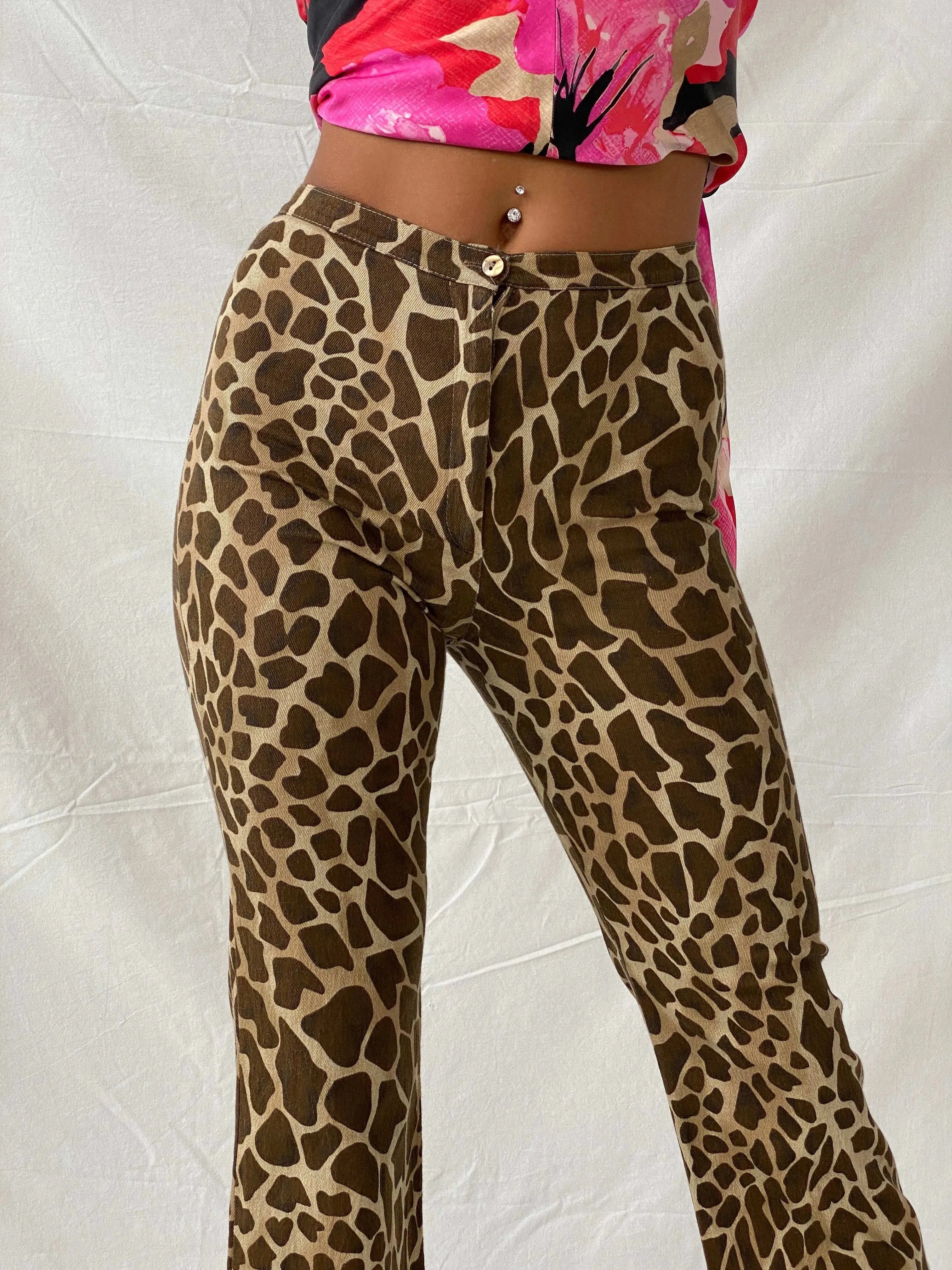 CHERIMAX Leopard Print Brown and Beige Flare Pants - XS - Balagan Vintage Pants 00s, animal print, Deals, flare, flare jeans, leopard print, Tojan