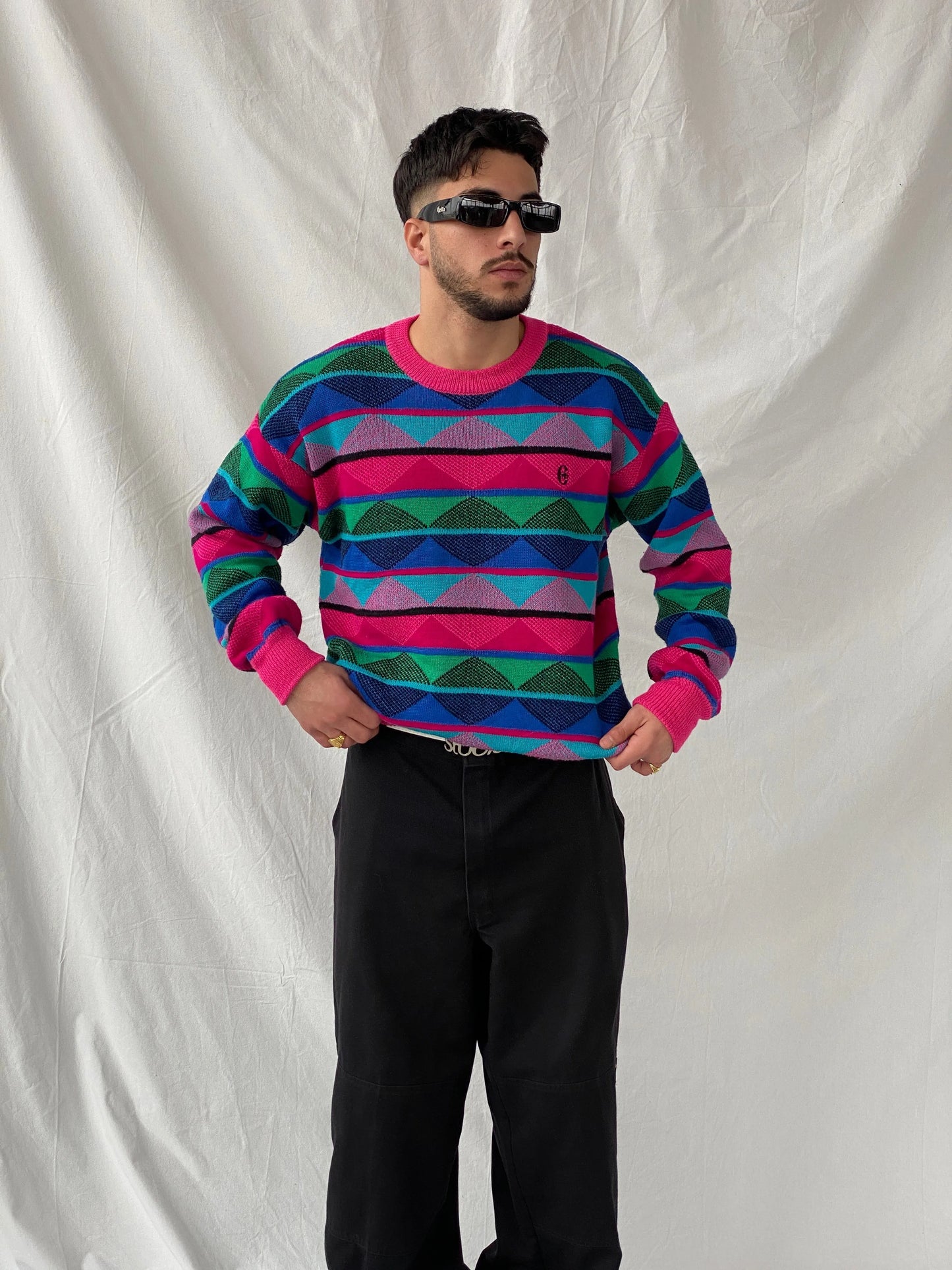 Conte of Florence 90s Vintage Crew Neck Sweater Wool Blend RETRO Print - XL - Balagan Vintage Sweater 90s, Hamza, knit, knitted, knitted sweater, men, streetwear, vintage, vintage sweater, winter