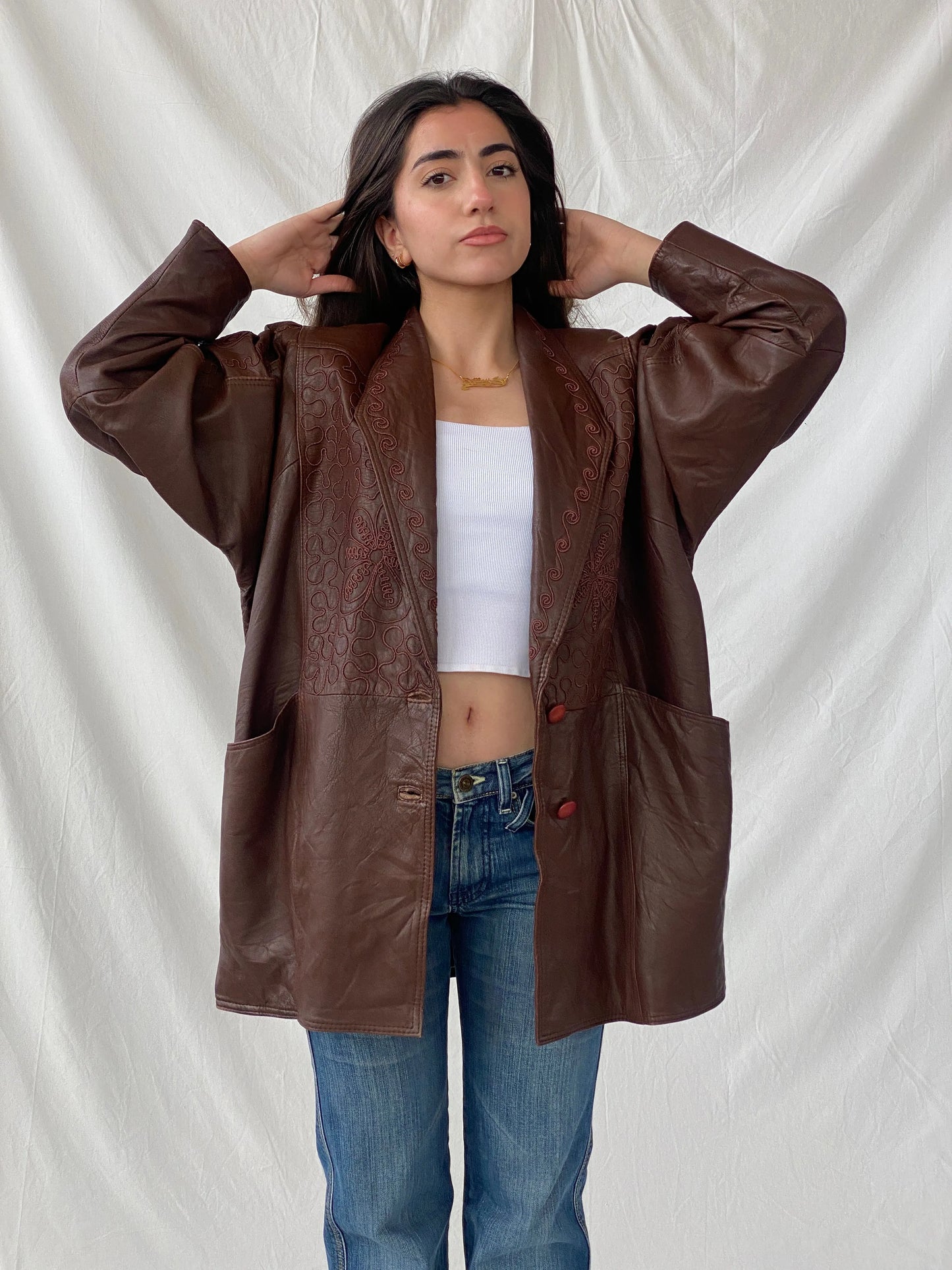 Coolest 80s Vintage Women’s Brown Floral Embroidered Genuine Leather Coat - L - Balagan Vintage Coat brown leather, Christine, coat, genuine leather coat, rare vintage, vintage coat, winter