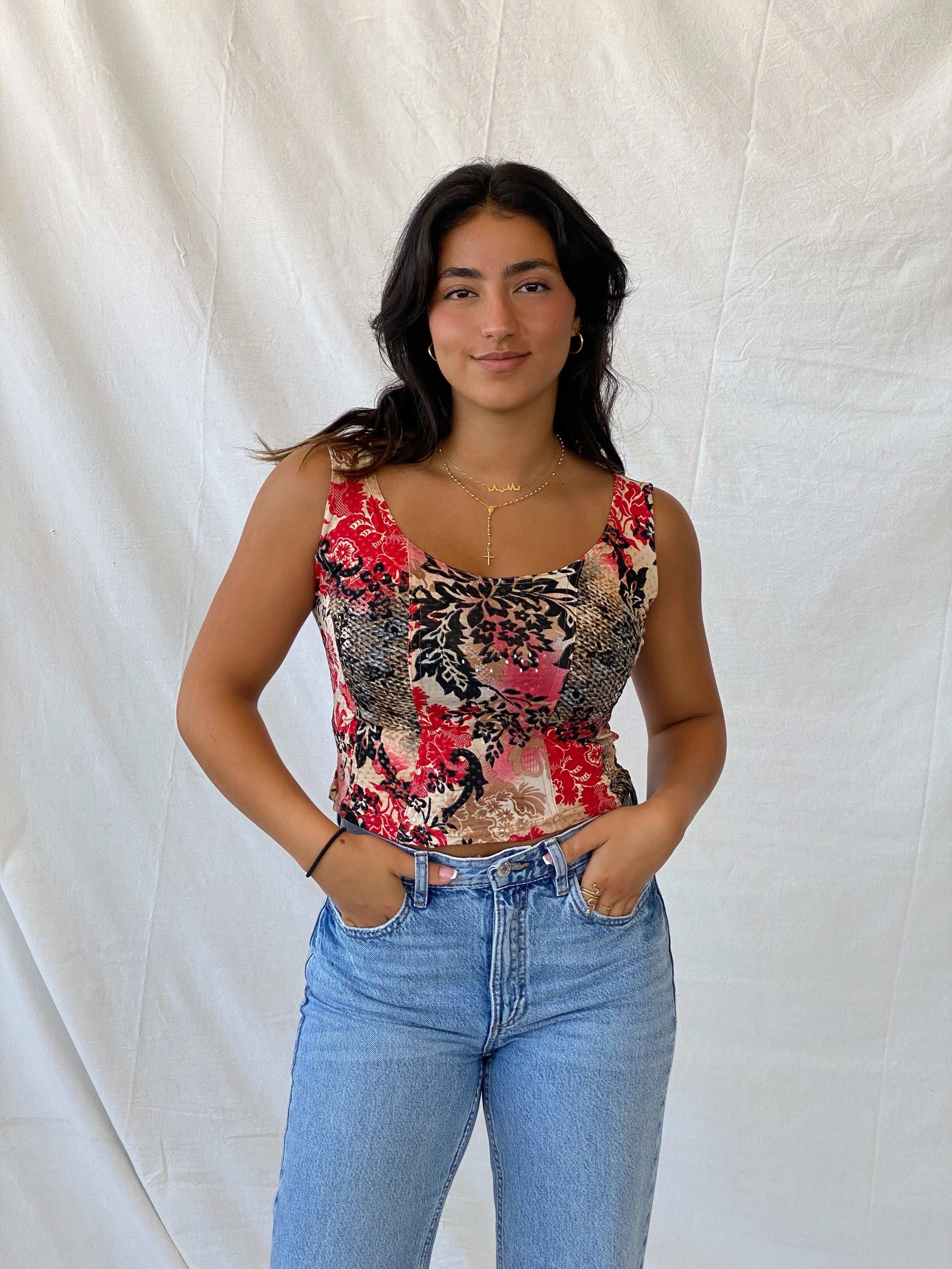 Cottagecore Floral Pattern Glittery Top - M - Balagan Vintage Sleeveless Top 00s, Lana, sleeveless top, summer