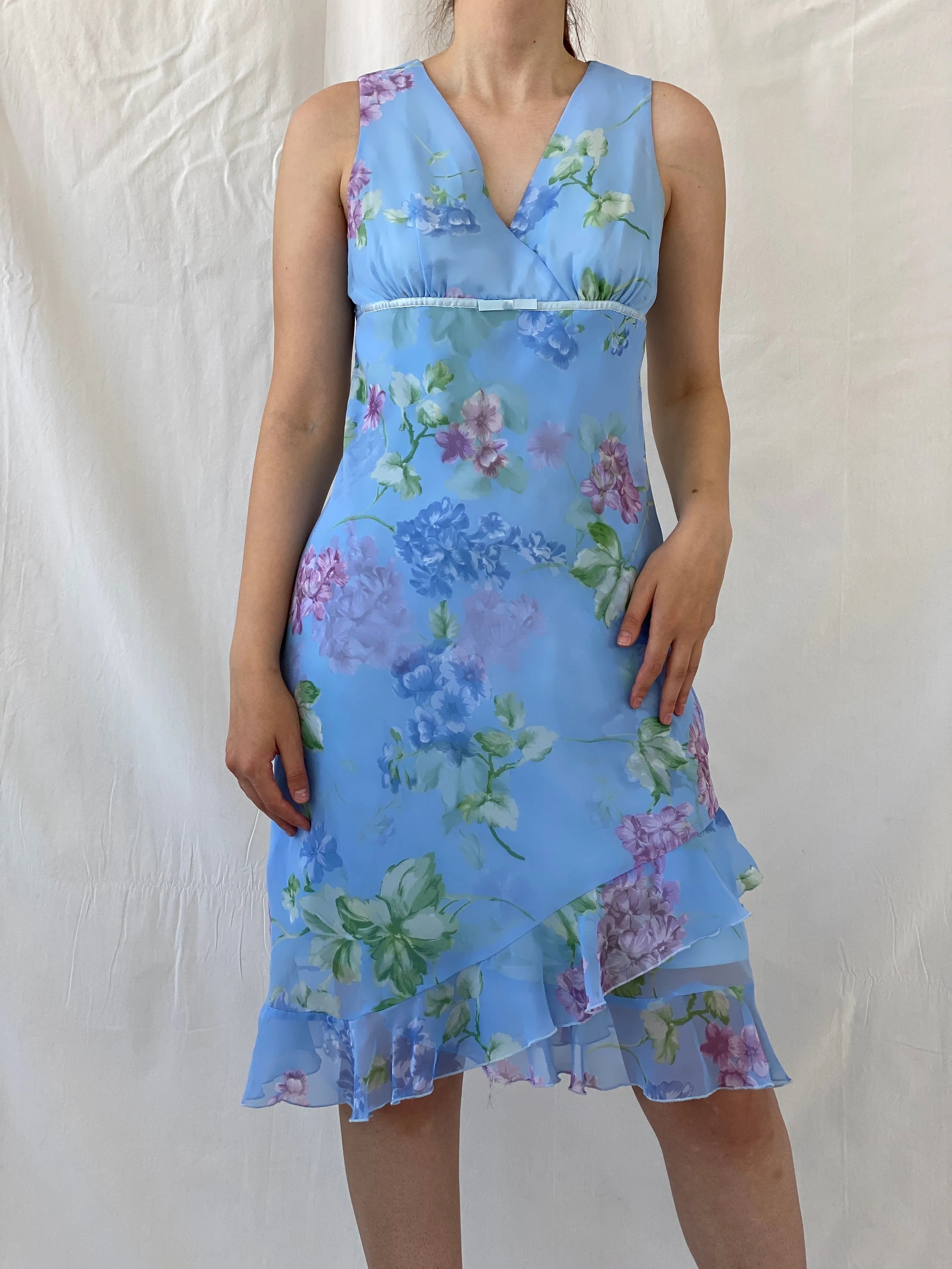 Cute Vintage Y2K D.B.Y. Blue Floral Midi Asymmetrical Hem Dress - S - Balagan Vintage Midi Dress 90s, Ayah, dress, floral, floral dress, midi dress, vintage dress