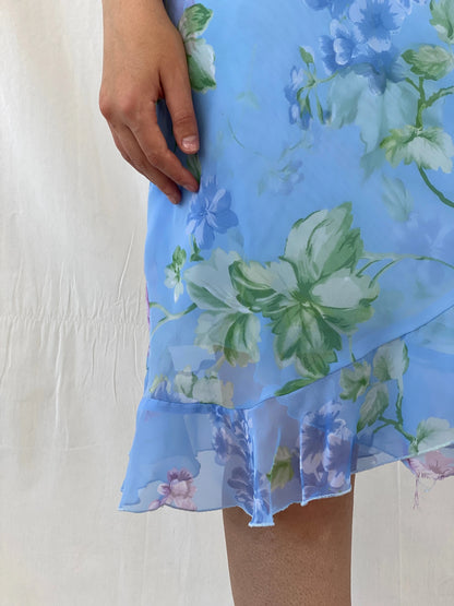 Cute Vintage Y2K D.B.Y. Blue Floral Midi Asymmetrical Hem Dress - S - Balagan Vintage Midi Dress 90s, Ayah, dress, floral, floral dress, midi dress, vintage dress