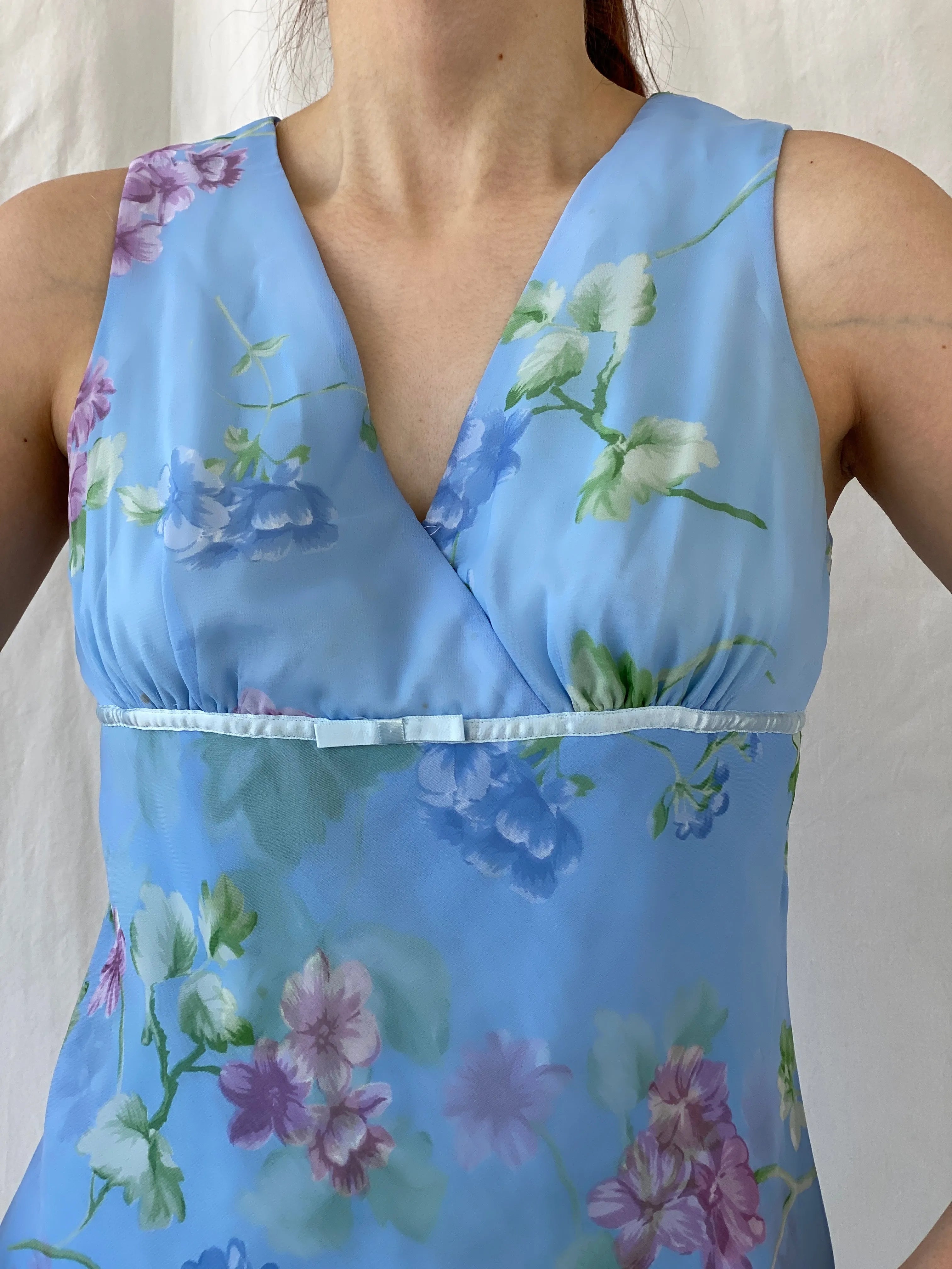 Cute Vintage Y2K D.B.Y. Blue Floral Midi Asymmetrical Hem Dress - S - Balagan Vintage Midi Dress 90s, Ayah, dress, floral, floral dress, midi dress, vintage dress
