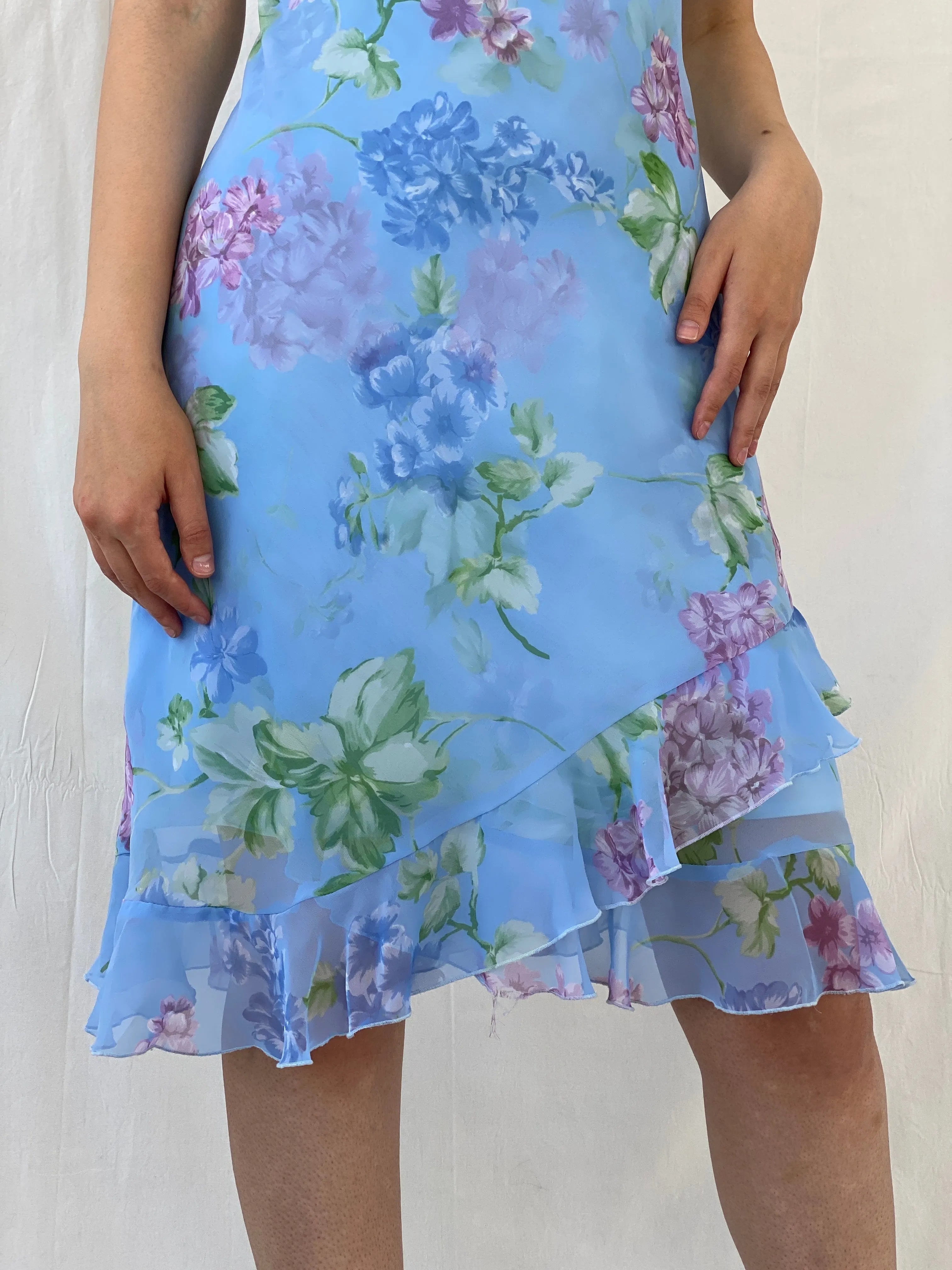 Cute Vintage Y2K D.B.Y. Blue Floral Midi Asymmetrical Hem Dress - S - Balagan Vintage Midi Dress 90s, Ayah, dress, floral, floral dress, midi dress, vintage dress