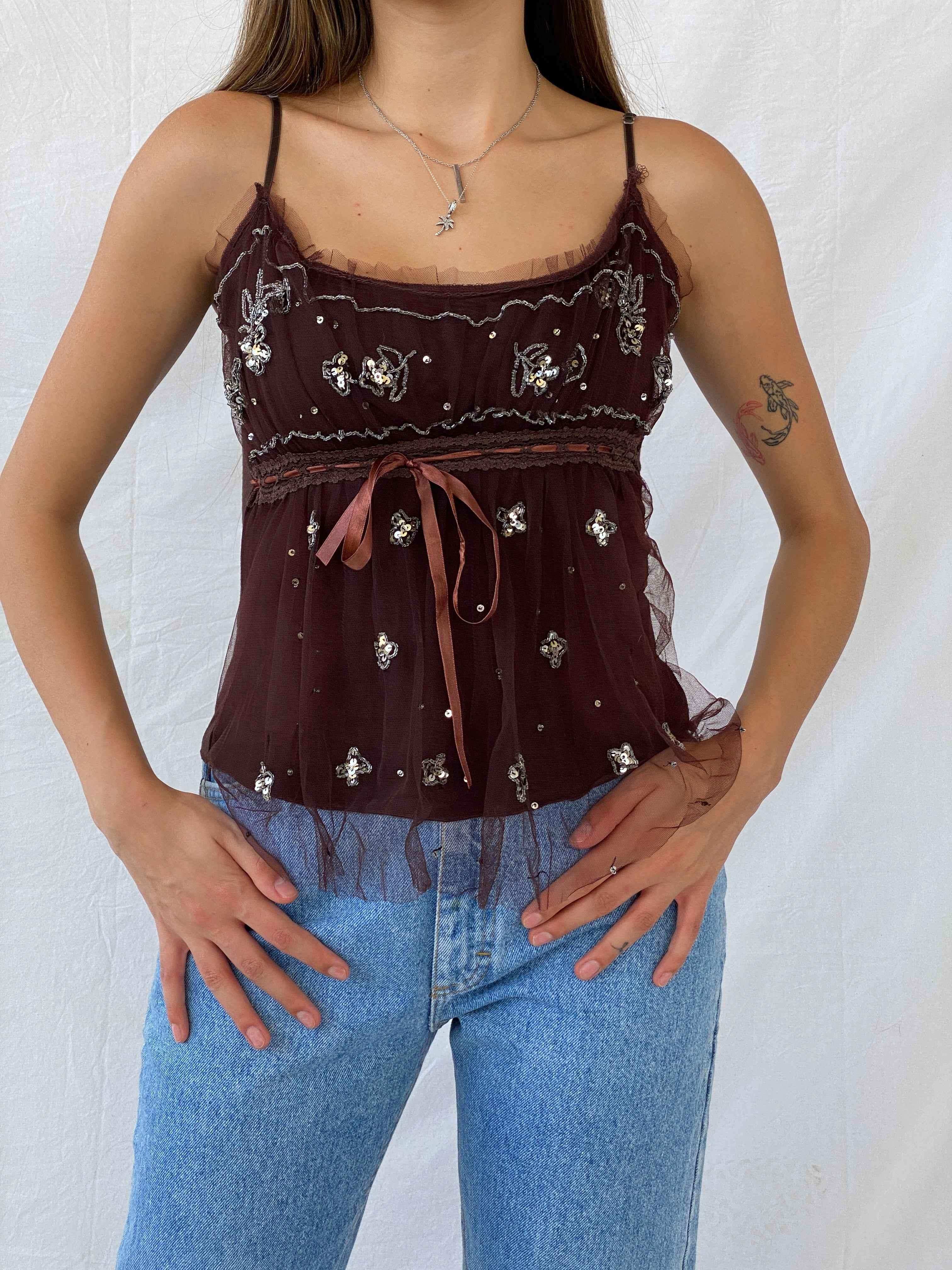 Cute Y2K Brown Beaded Tulle Top - Balagan Vintage Sleeveless Top 00s, consignment, Isabella, Mira