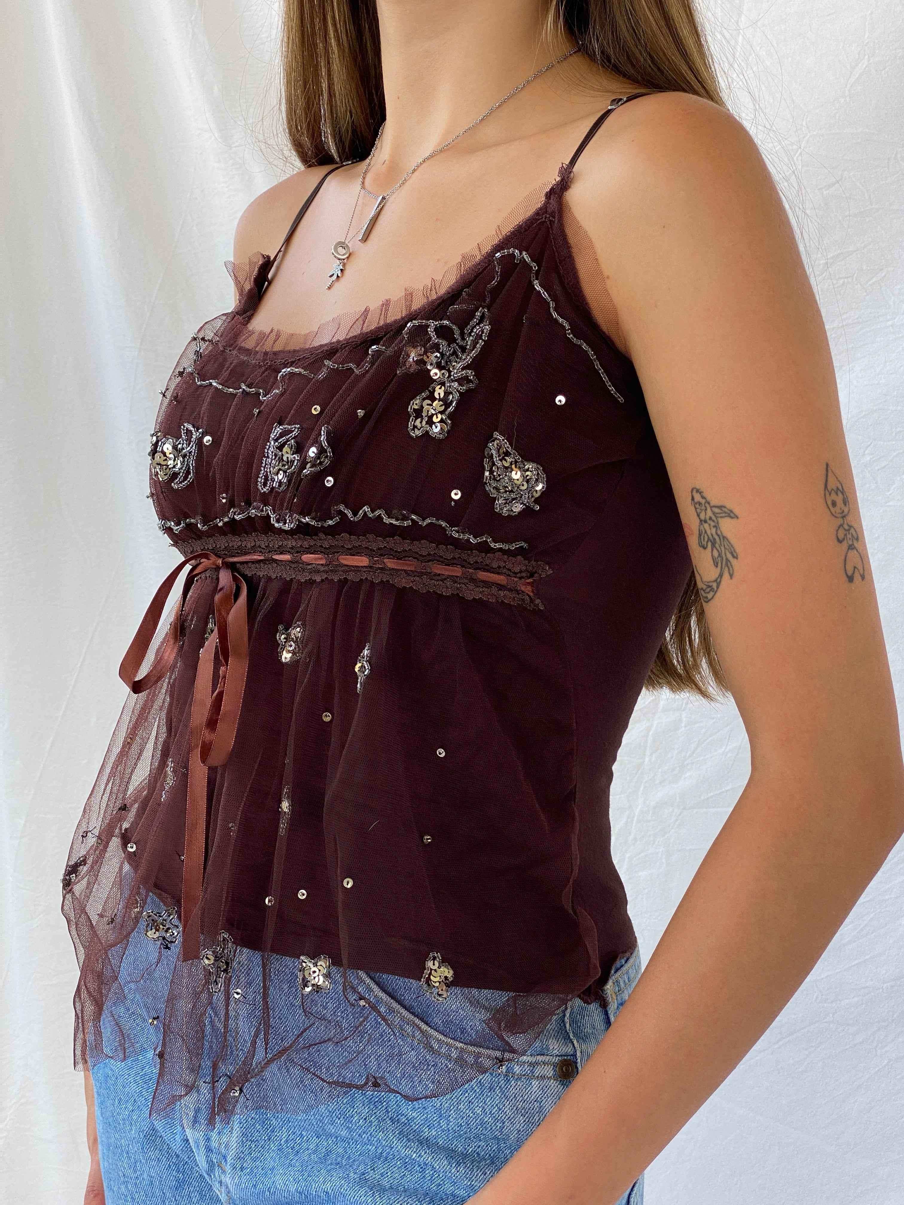 Cute Y2K Brown Beaded Tulle Top - Balagan Vintage Sleeveless Top 00s, consignment, Isabella, Mira