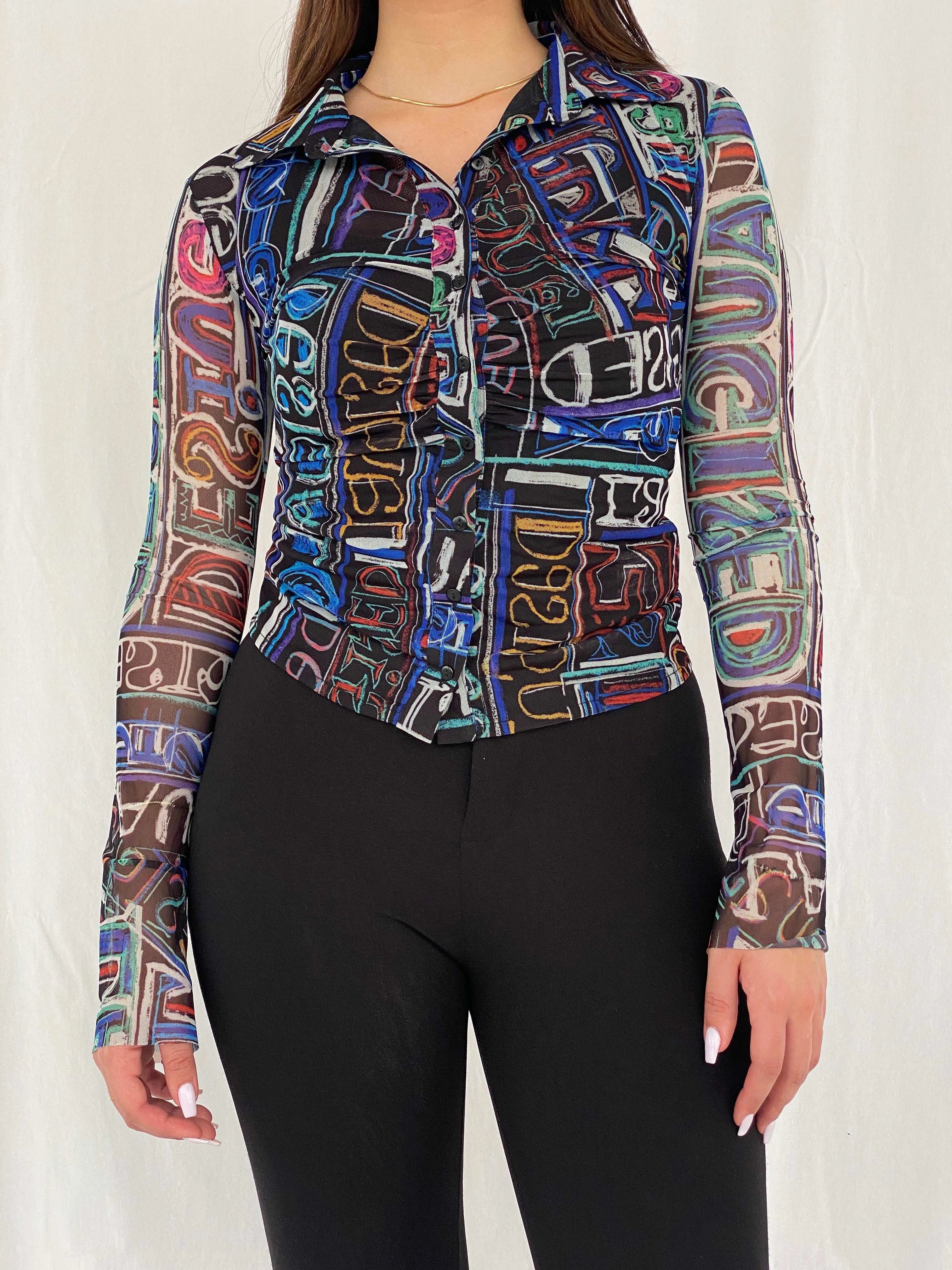 Desigual Mariscal Multi-Colored Sheer Shirt Size S - Balagan Vintage Full Sleeve Shirt 00s, Rama, sheer, sheer shirt, women shirt