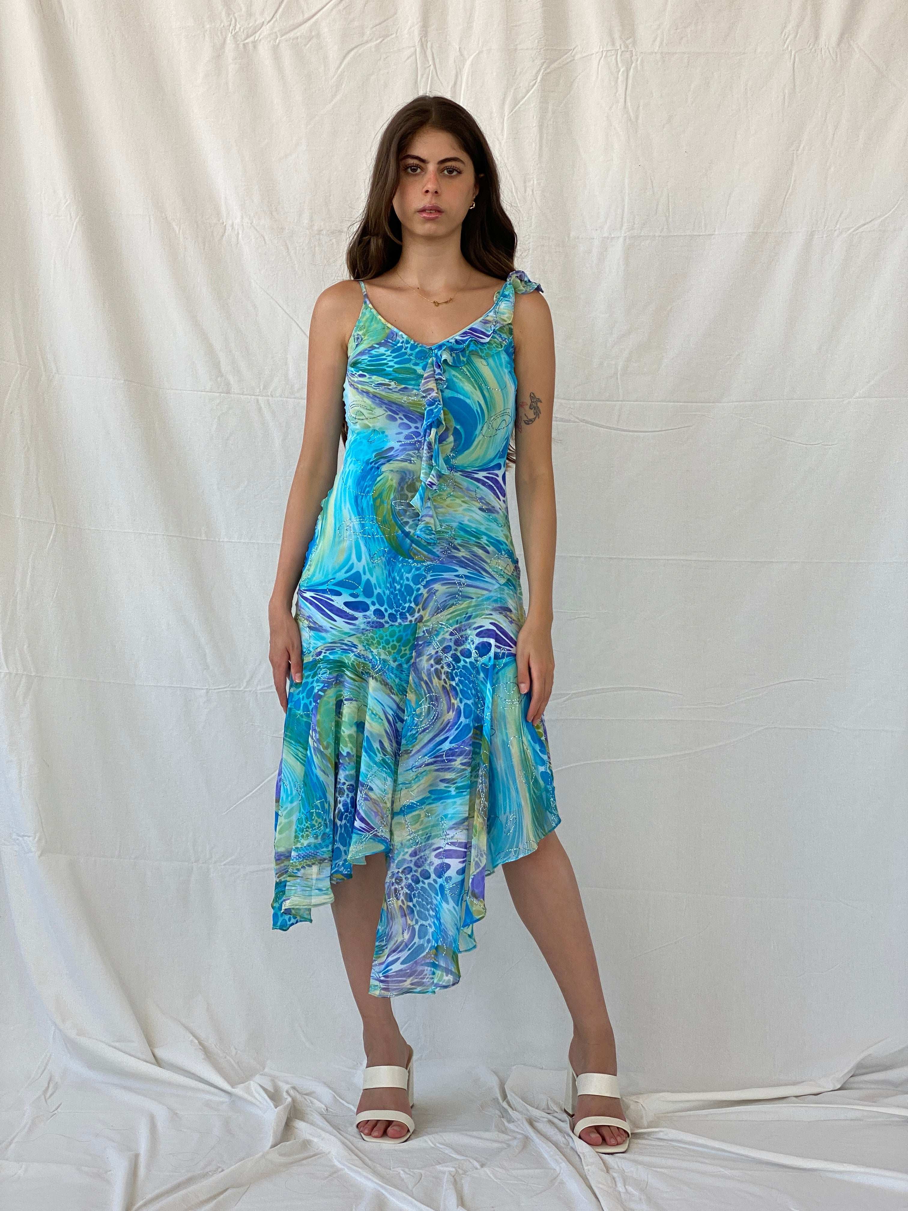 Dreamy 90s Gardo Collection Blue Asymmetric Hem Midi Dress - S - Balagan Vintage Midi Dress 00s dress, 90s, 90s dress, Deals, floral dress, formal dress, midi dress, Mira, velvet dress, Wedding Guest