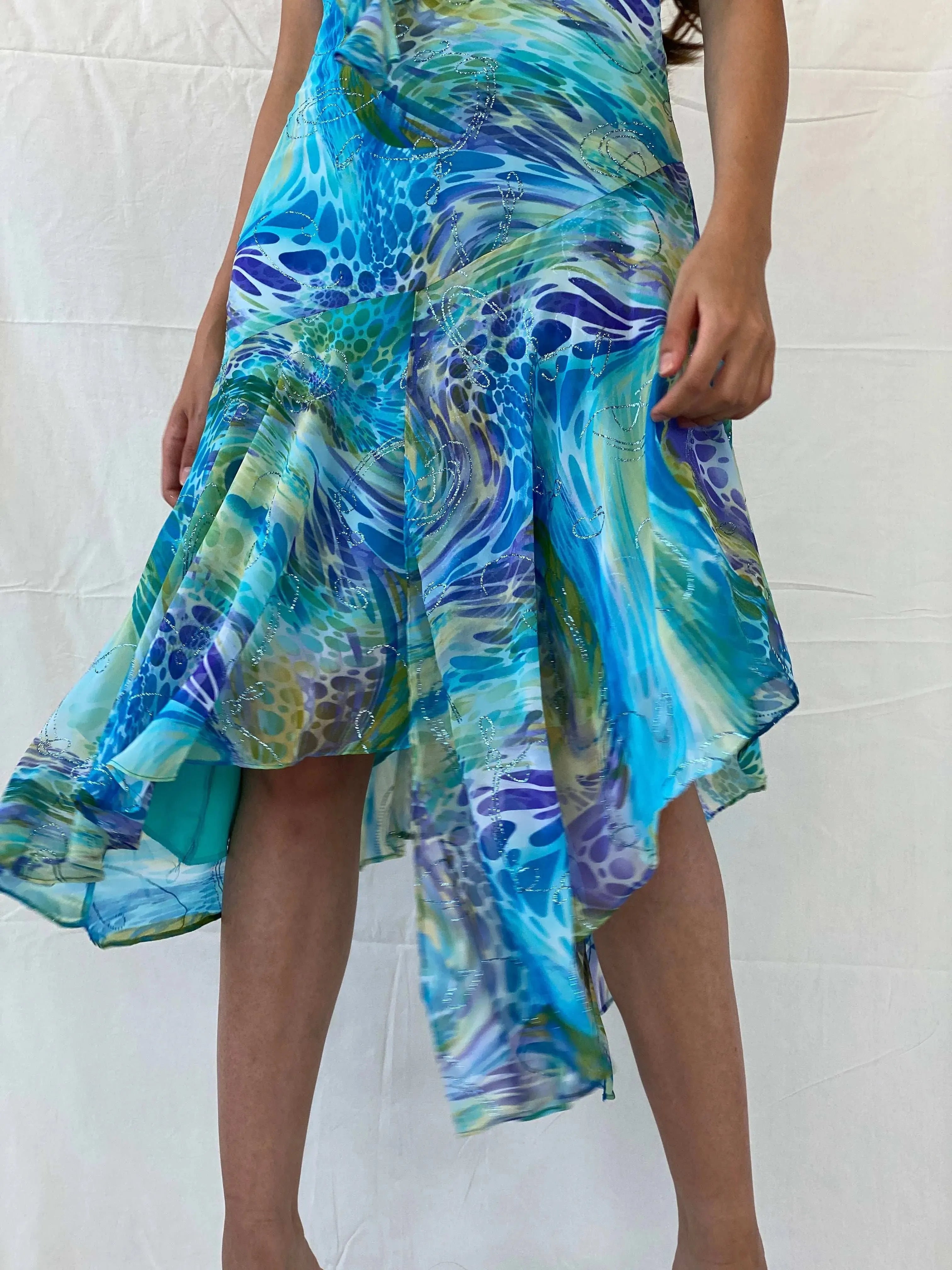 Dreamy 90s Gardo Collection Blue Asymmetric Hem Midi Dress - S - Balagan Vintage Midi Dress 00s dress, 90s, 90s dress, Deals, floral dress, formal dress, midi dress, Mira, velvet dress, Wedding Guest