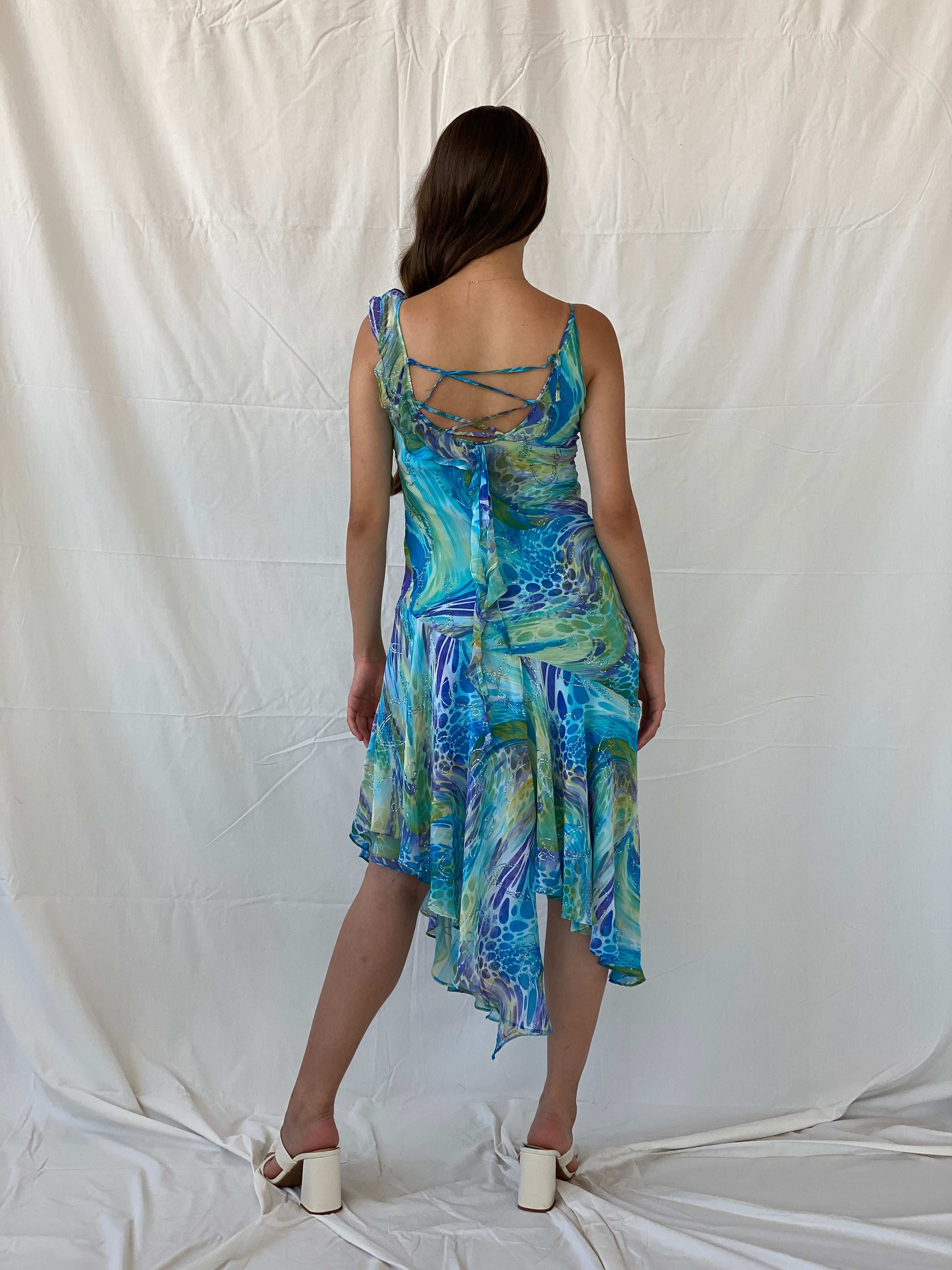 Dreamy 90s Gardo Collection Blue Asymmetric Hem Midi Dress - S - Balagan Vintage Midi Dress 00s dress, 90s, 90s dress, Deals, floral dress, formal dress, midi dress, Mira, velvet dress, Wedding Guest