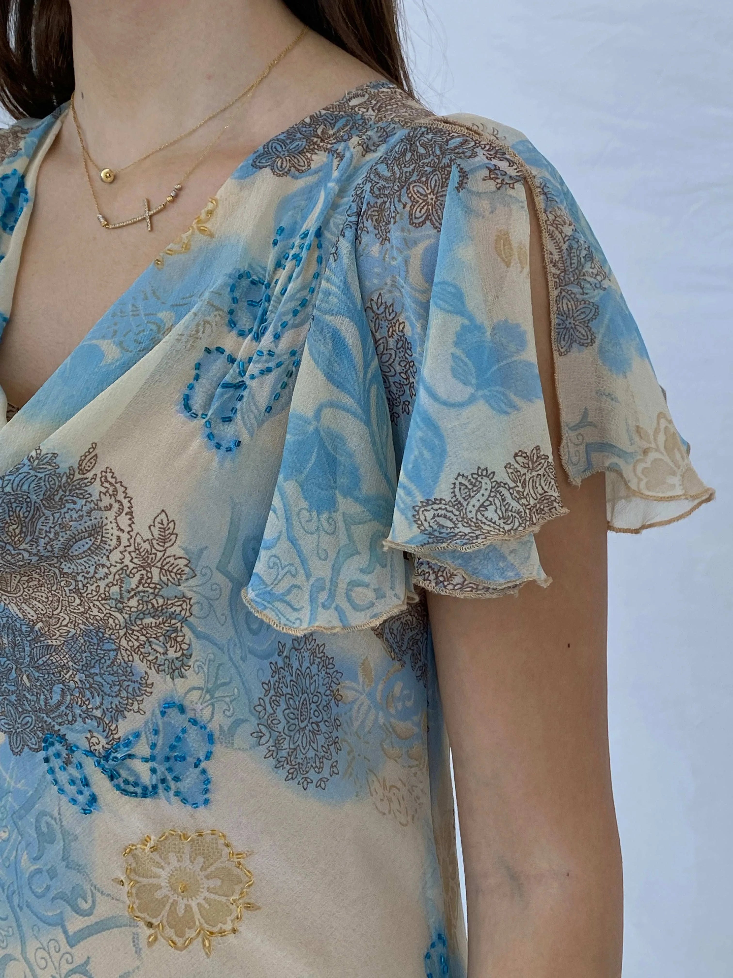 Dreamy Chirag Floral Beaded Beige Maxi Wedding Guest Dress Size S - Balagan Vintage Midi Dress 90s, dress, floral, floral dress, floral print, Juana, maxi dress, Wedding Guest