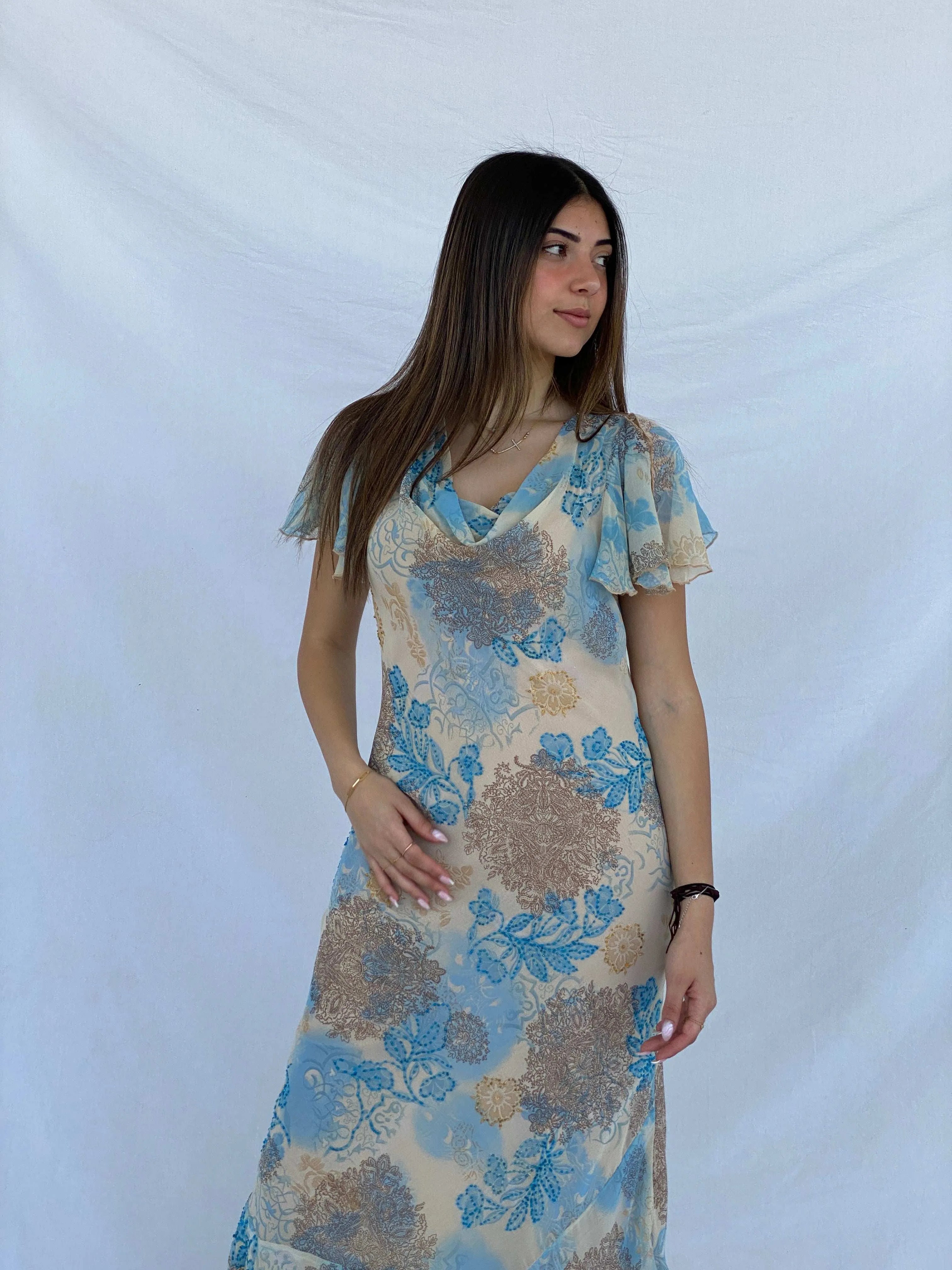 Dreamy Chirag Floral Beaded Beige Maxi Wedding Guest Dress Size S - Balagan Vintage Midi Dress 90s, dress, floral, floral dress, floral print, Juana, maxi dress, Wedding Guest