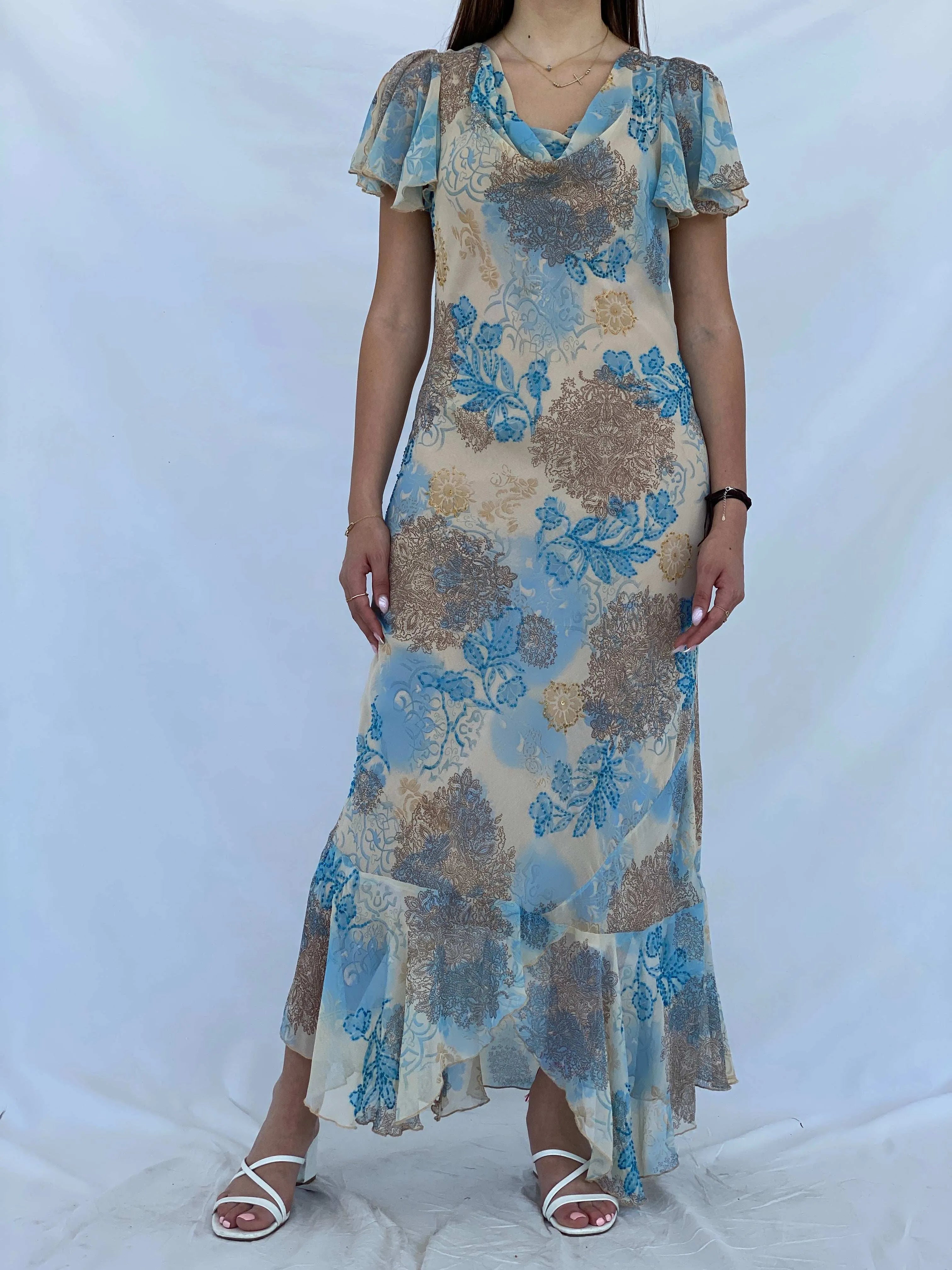Dreamy Chirag Floral Beaded Beige Maxi Wedding Guest Dress Size S - Balagan Vintage Midi Dress 90s, dress, floral, floral dress, floral print, Juana, maxi dress, Wedding Guest