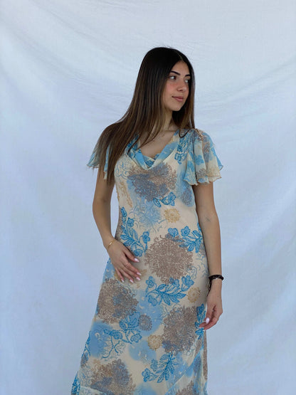 Dreamy Chirag Floral Beaded Beige Maxi Wedding Guest Dress Size S - Balagan Vintage Midi Dress 90s, Deals, dress, floral, floral dress, floral print, Juana, maxi dress, Wedding Guest